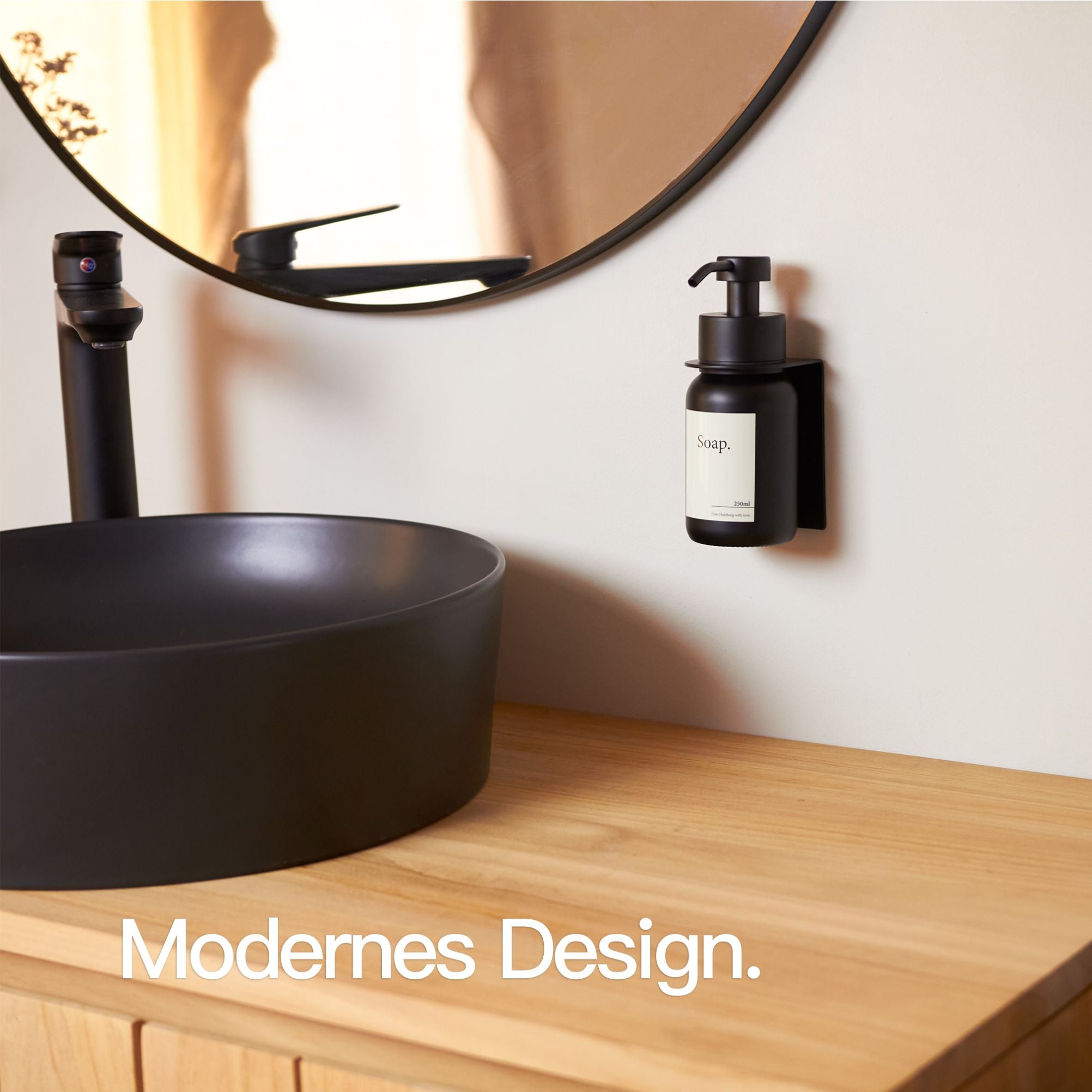 Designfabrik Hamburg Seifenspender ohne Bohrend aus Edelstahl und Glas mit Wandhalterung selbstklebend Schwarz Schwarzes Glas