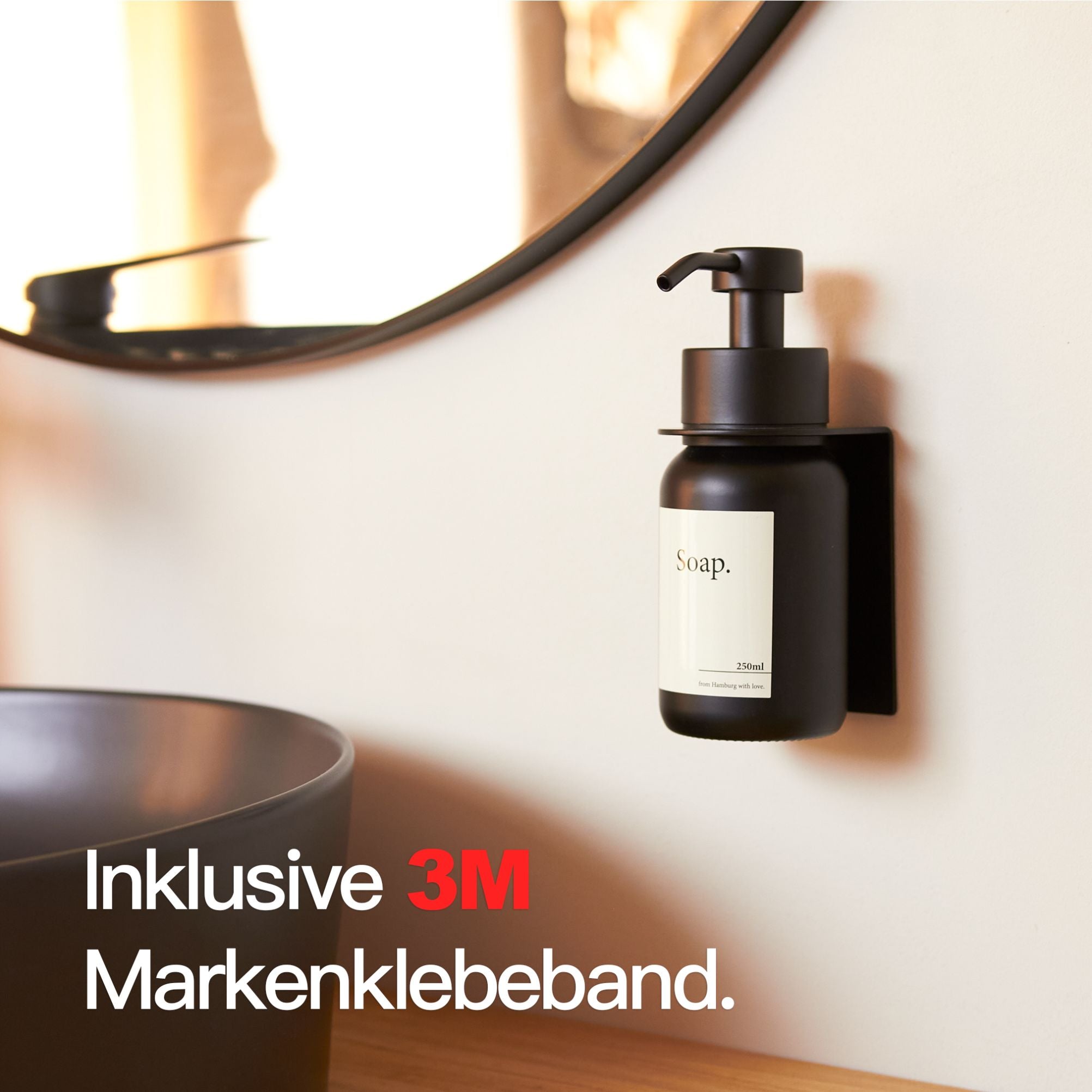 Designfabrik Hamburg Seifenspender ohne Bohrend aus Edelstahl und Glas mit Wandhalterung selbstklebend Schwarz Schwarzes Glas