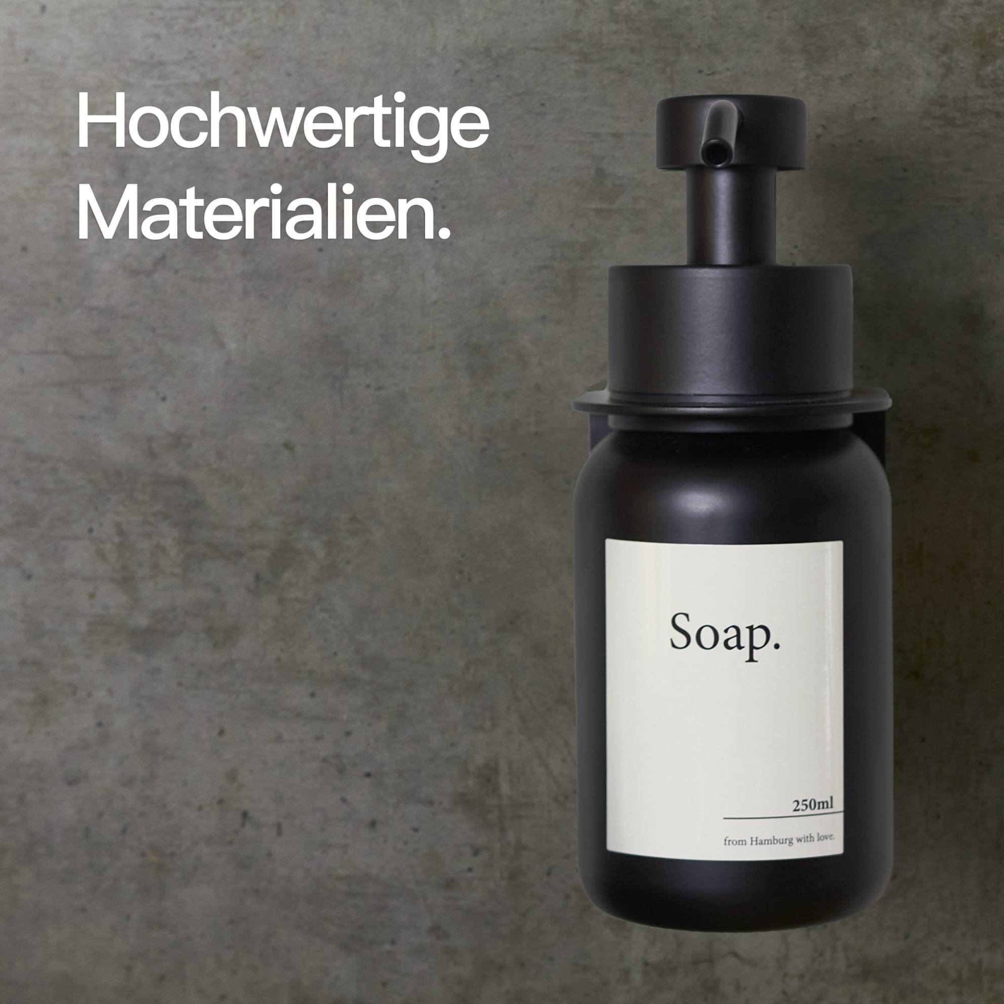 Designfabrik Hamburg Seifenspender ohne Bohrend aus Edelstahl und Glas mit Wandhalterung selbstklebend Schwarz Schwarzes Glas