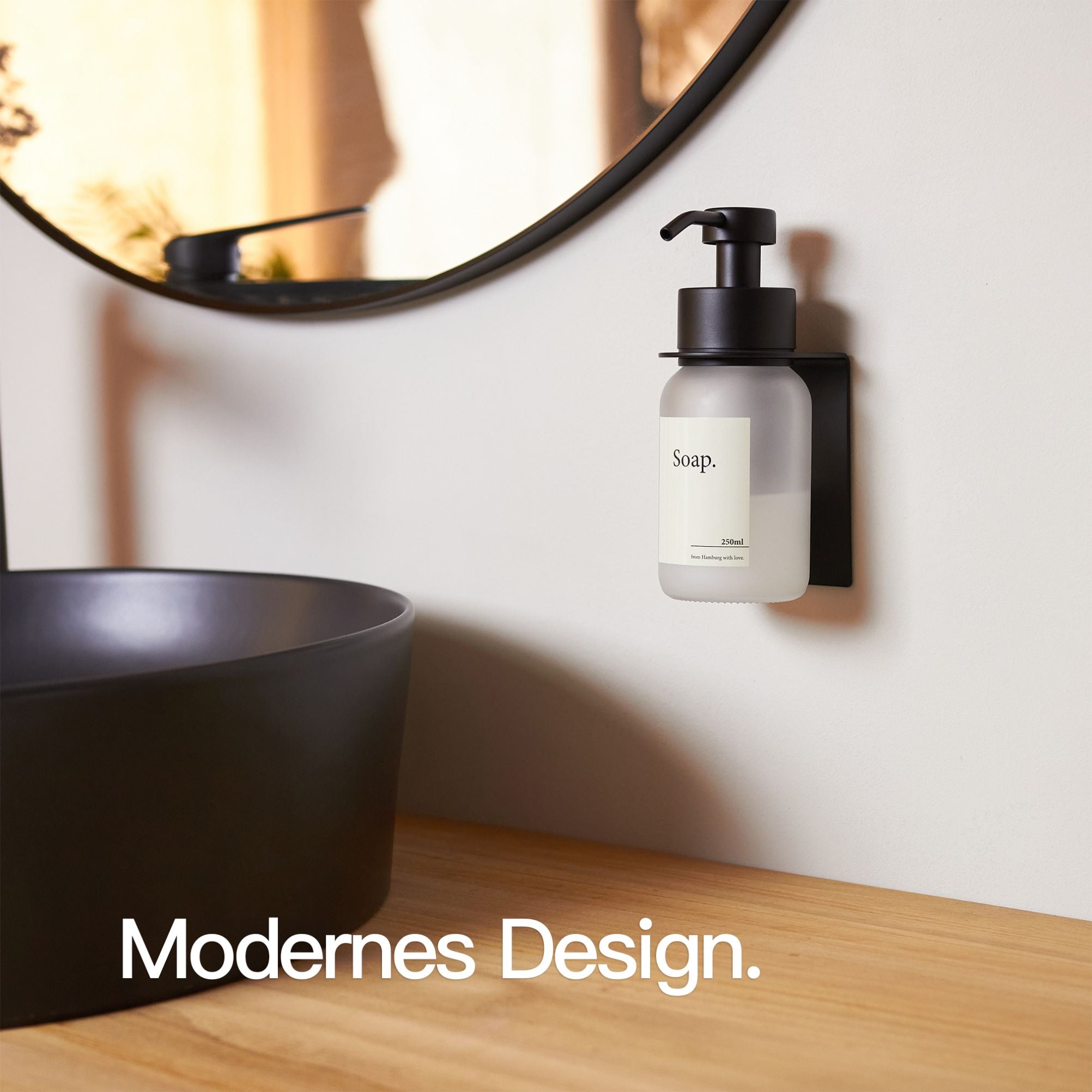 Designfabrik Hamburg Seifenspender ohne Bohrend aus Edelstahl und Glas mit Wandhalterung selbstklebend Schwarz Milchglas Frost