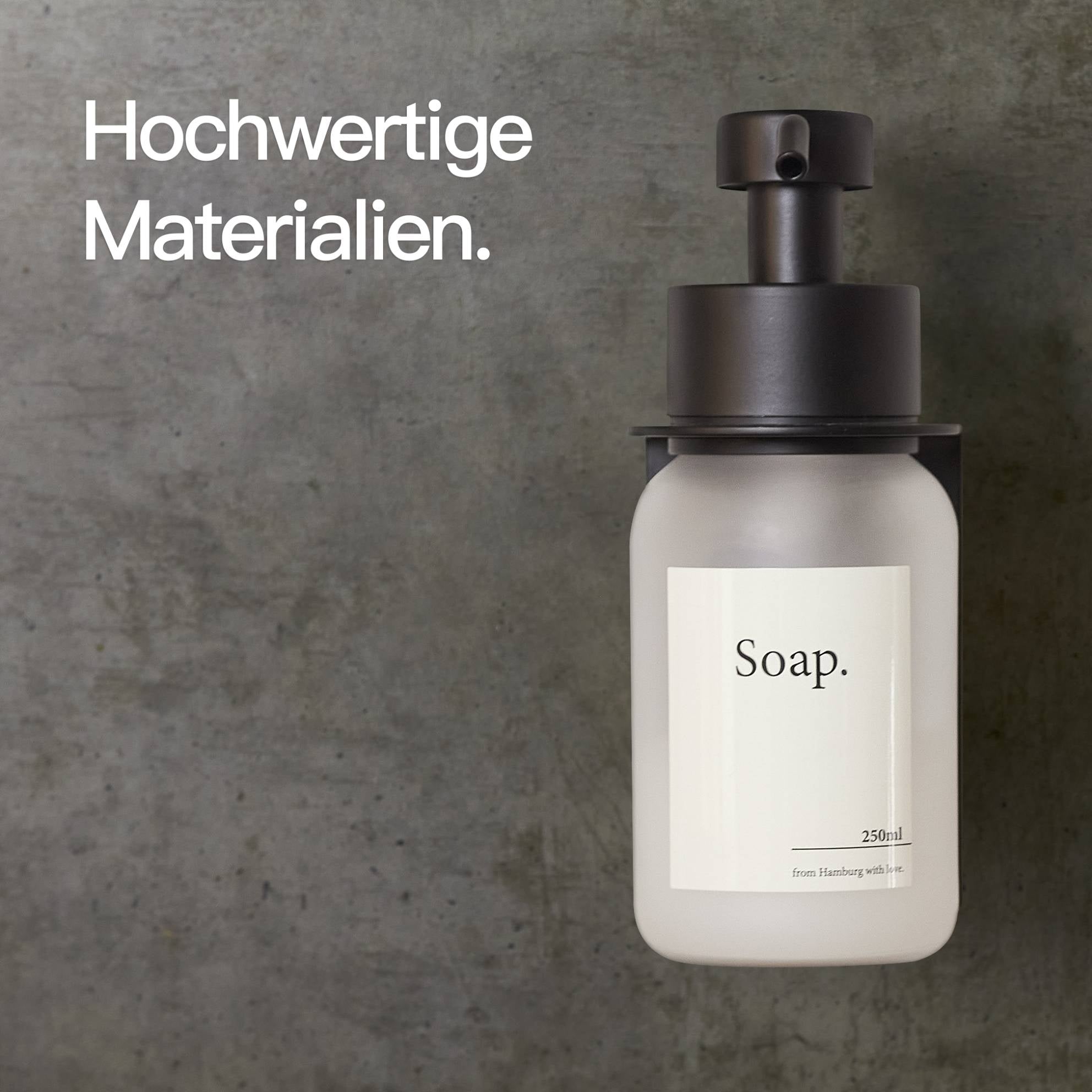 Designfabrik Hamburg Seifenspender ohne Bohrend aus Edelstahl und Glas mit Wandhalterung selbstklebend Schwarz Milchglas Frost