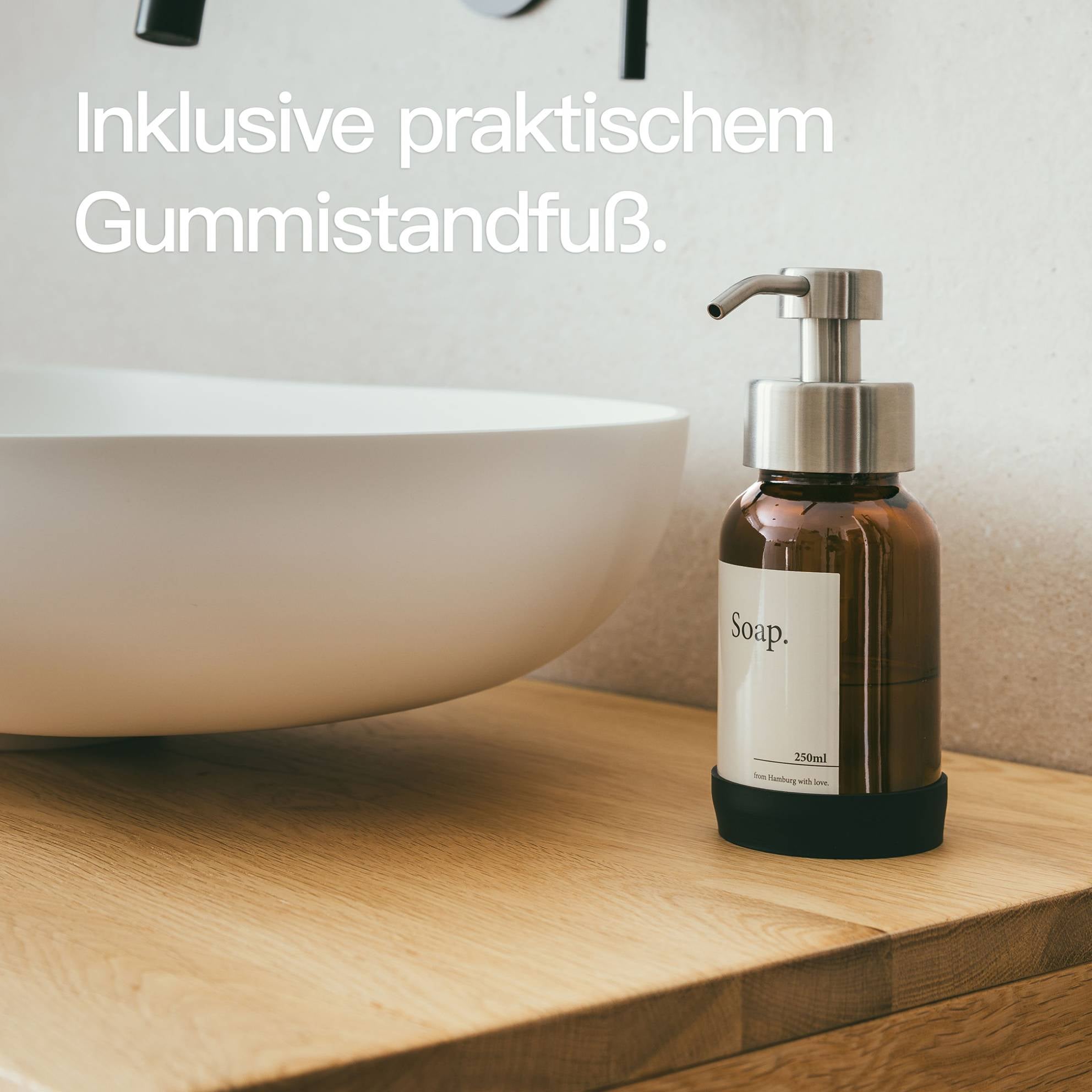 Designfabrik Hamburg Glas Seifenspender mit Gummistandfuß und Edelstahlpumpe silber Braunglas