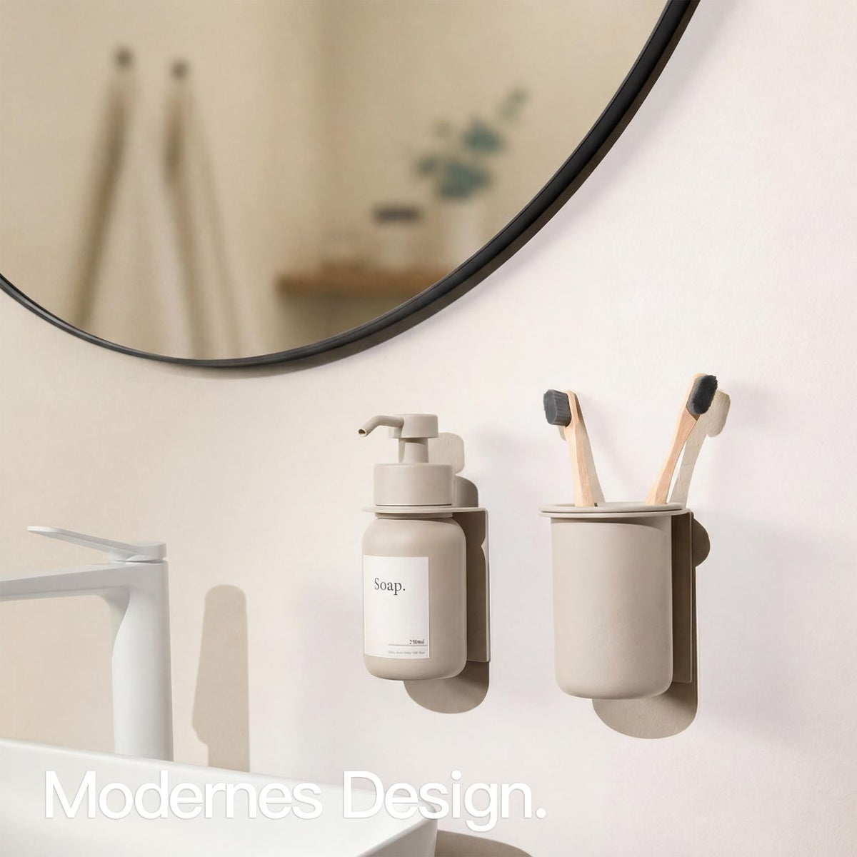 Designfabrik Hamburg glass toothbrush cup with wall mount, no drilling, beige