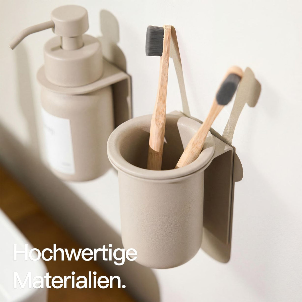 Designfabrik Hamburg glass toothbrush cup with wall mount, no drilling, beige