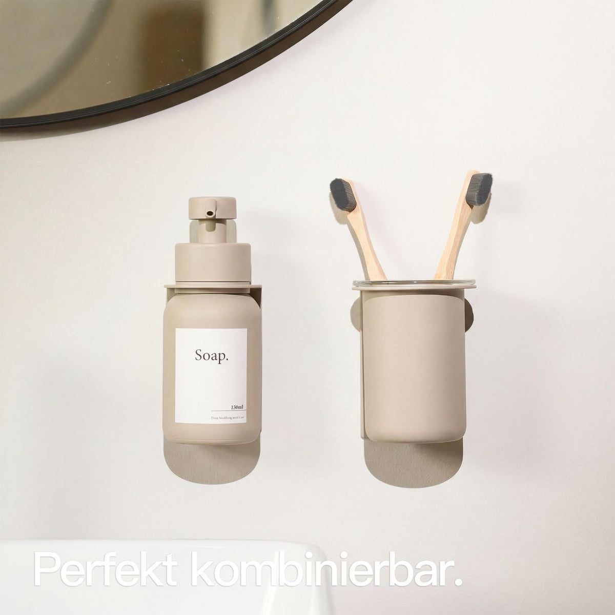 Designfabrik Hamburg glass toothbrush cup with wall mount, no drilling, beige