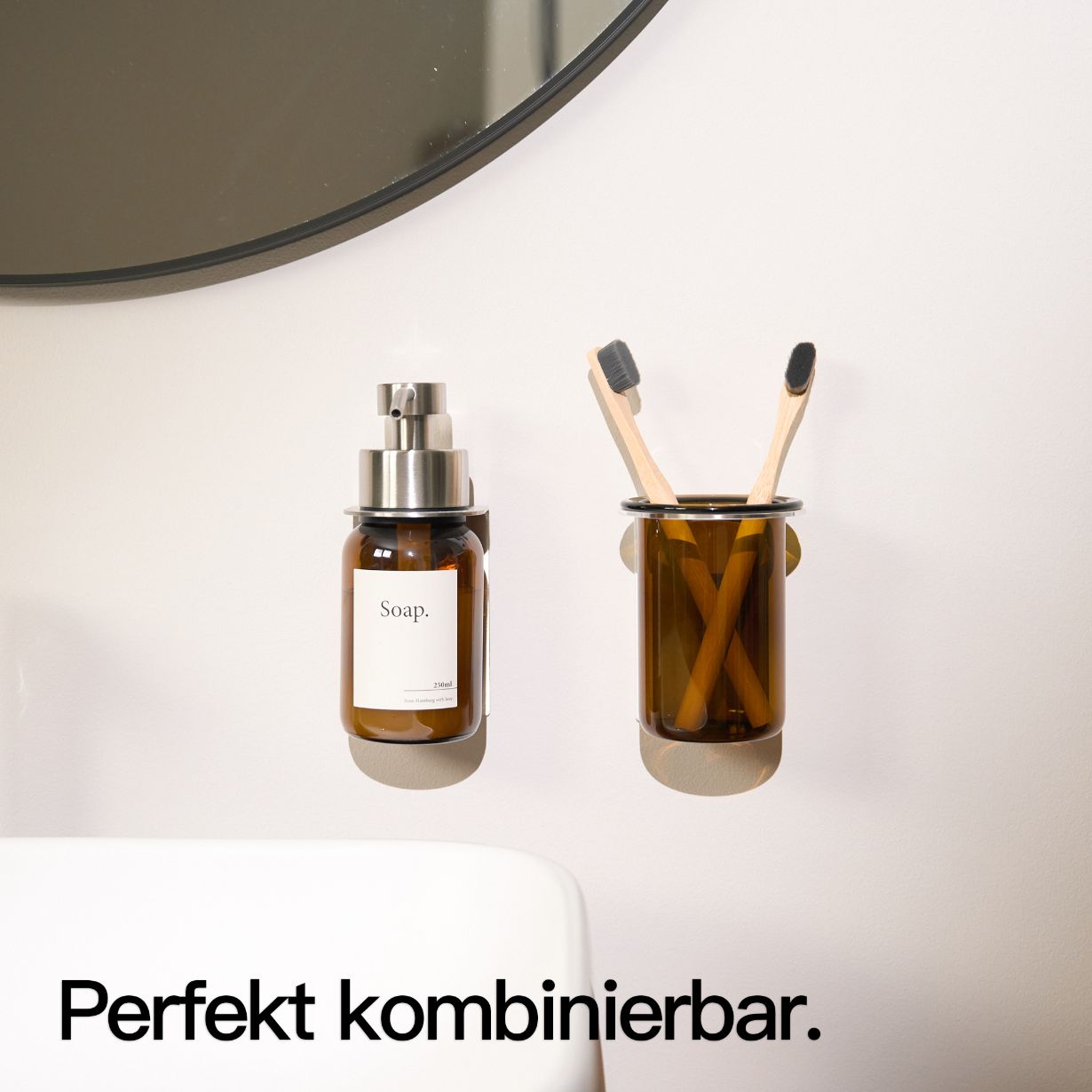 Designfabrik Hamburg Zahnbürstenhalter selbstklebend ohne Bohren aus Glas und Edelstahl