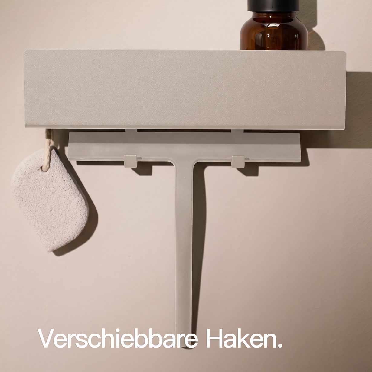 Designfabrik Hamburg beige shower shelf without drilling for adhesive mounting, rustproof with adjustable hooks