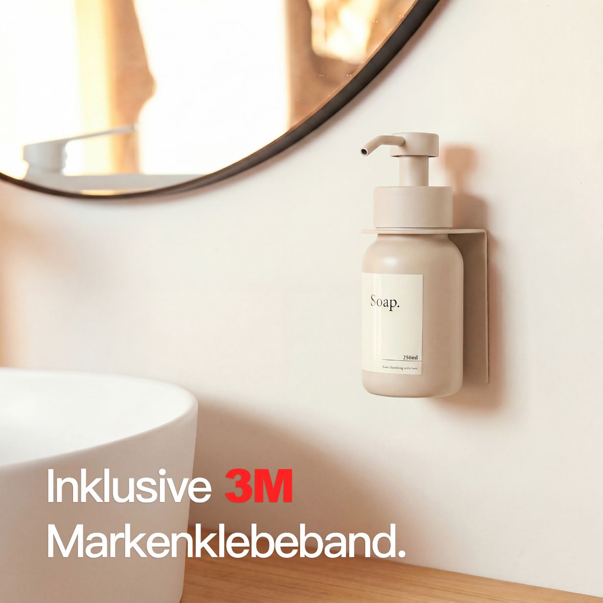 Designfabrik Hamburg Glas Seifenspender zur Wandmontage ohne Bohren mit Wandhalterung aus Edelstahl Beige