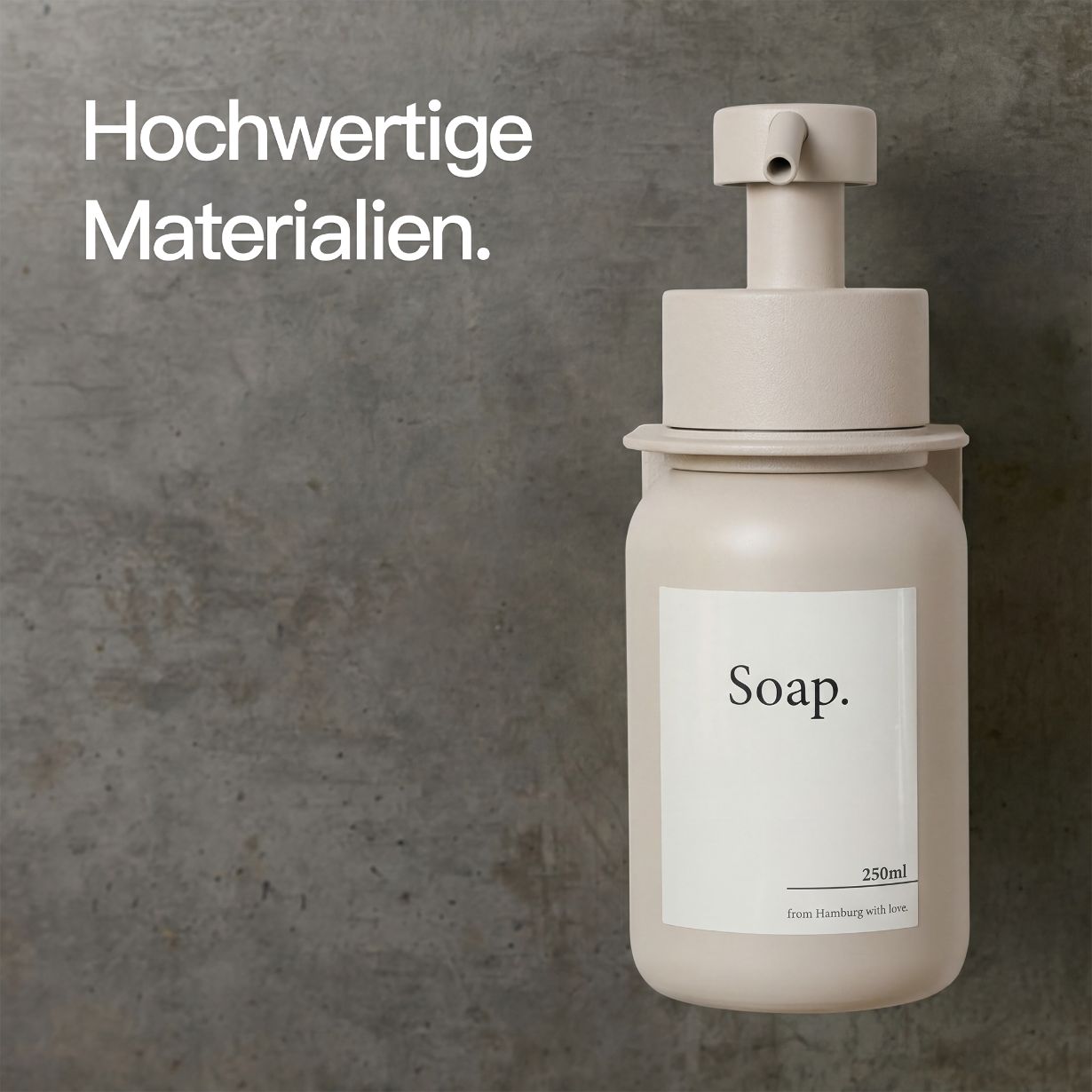 Designfabrik Hamburg Glas Seifenspender zur Wandmontage ohne Bohren mit Wandhalterung aus Edelstahl Beige