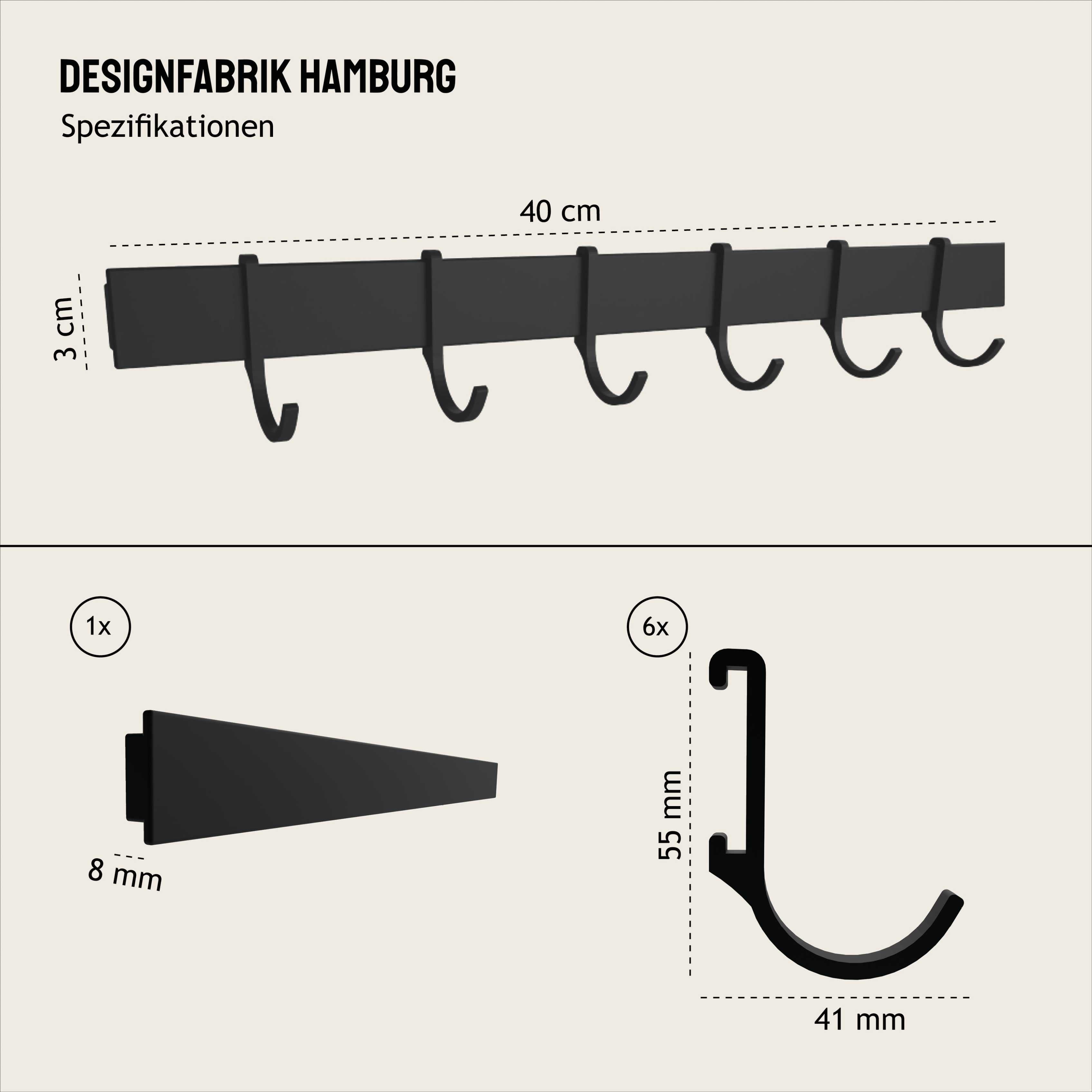 Designfabrik Hamburg Hakenleiste für Küchenutensilien selbstklebend, Küchenutensilienhalter ohne Bohren schwarz Maße