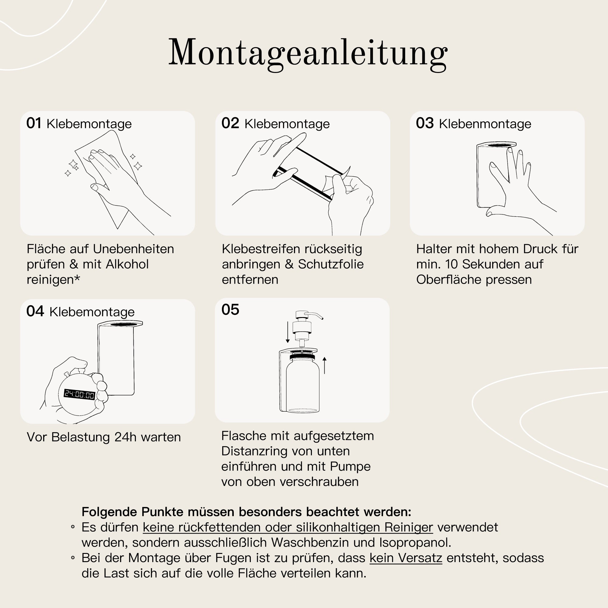 Montageanleitung Seifenspender Wandmontage selbstklebend Designfabrik Hamburg