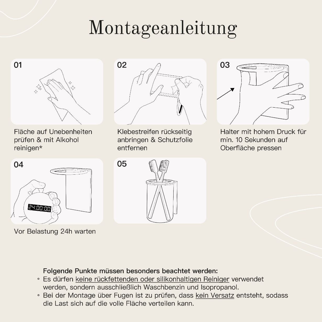 Designfabrik Hamburg Zahnbürstenhalter selbstklebend ohne Bohren aus Glas und Edelstahl Montageanleitung