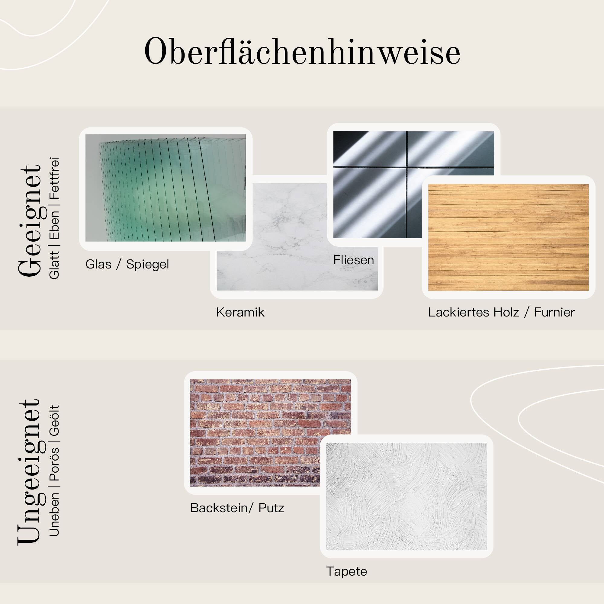 Designfabrik Hamburg Oberflächenhinweise für selbstklebende Produkte ohne Bohren