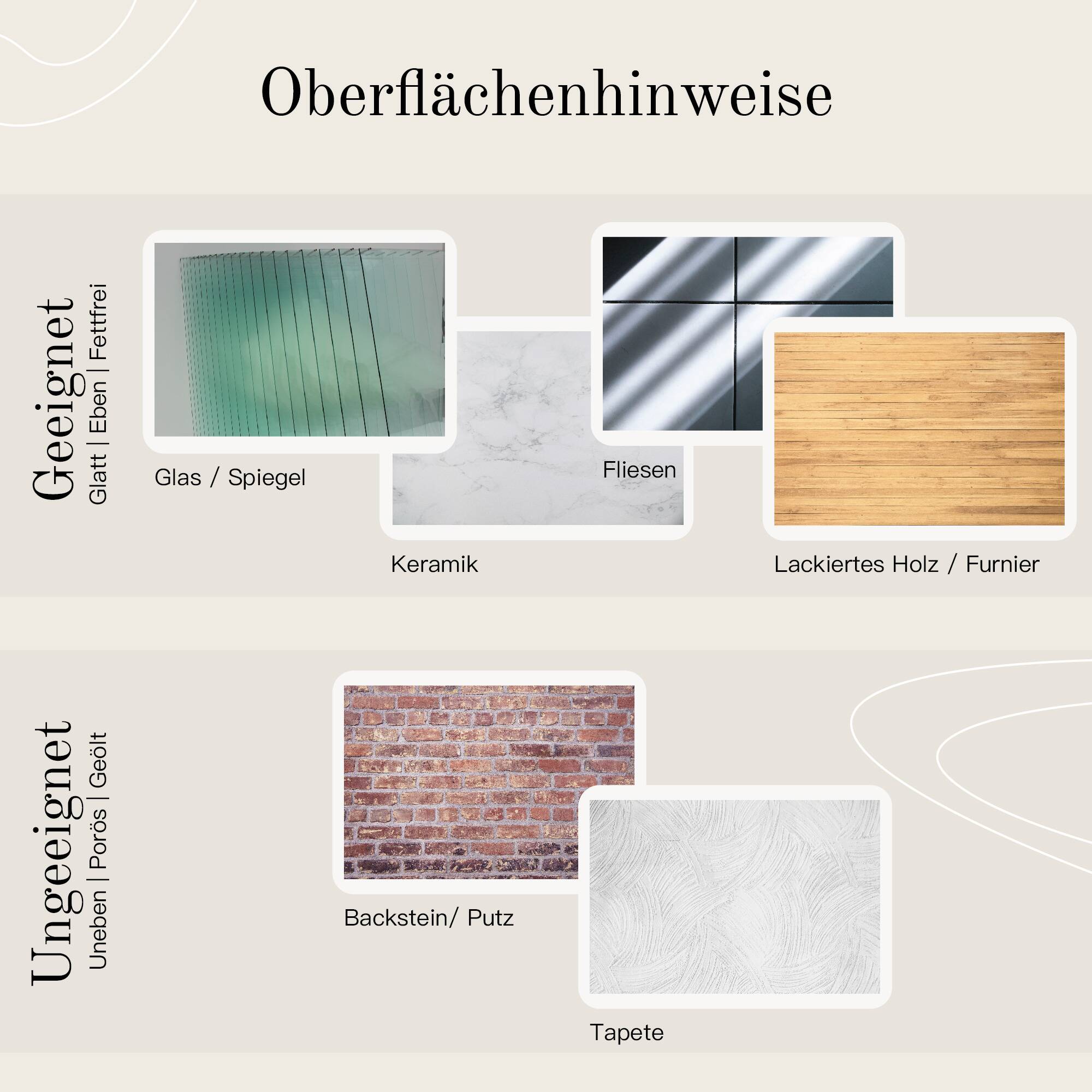 Designfabrik Hamburg Oberflächenhinweise für selbstklebende Produkte ohne Bohren