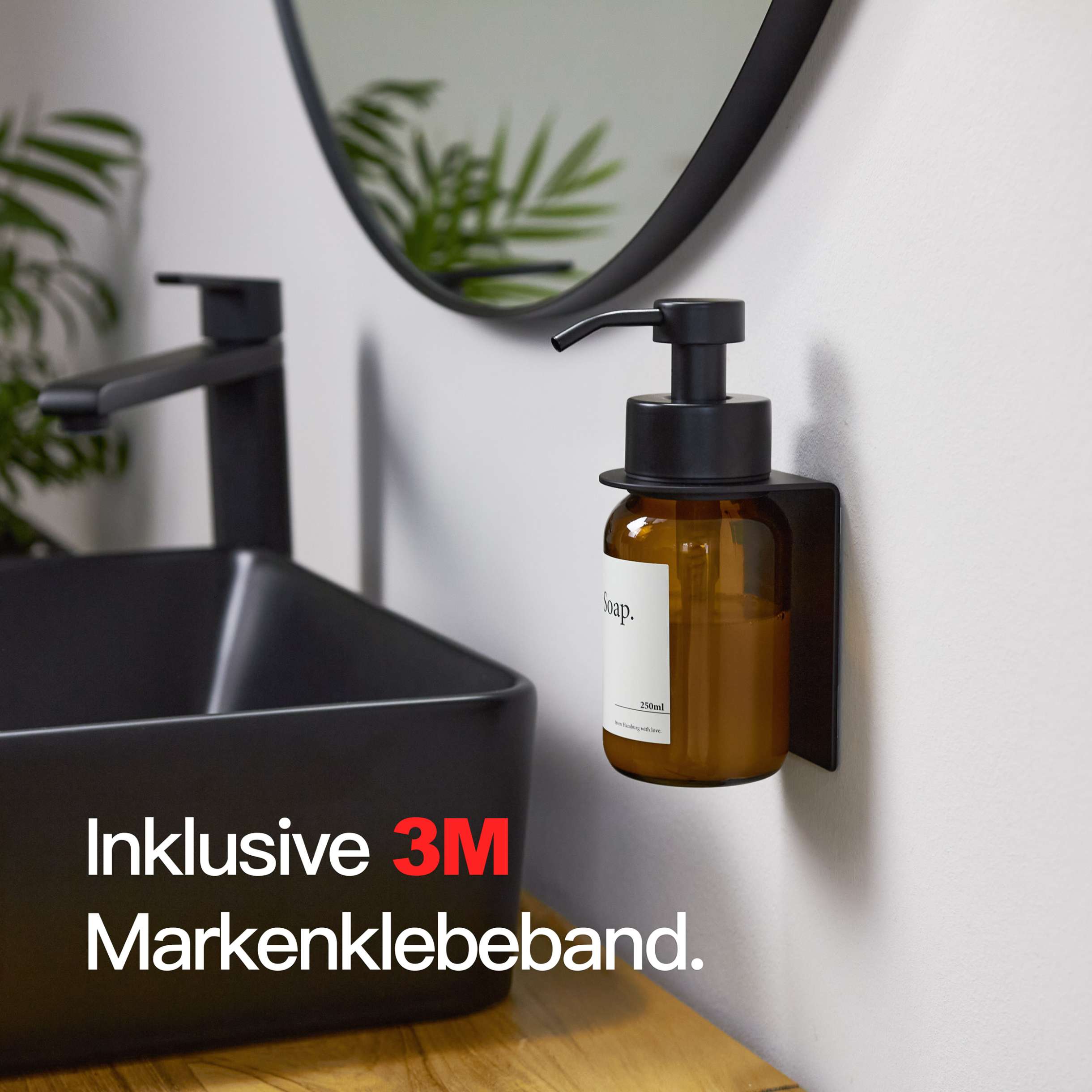 Designfabrik Hamburg Seifenspender ohne Bohrend aus Edelstahl und Glas mit Wandhalterung selbstklebend Schwarz Braunglas