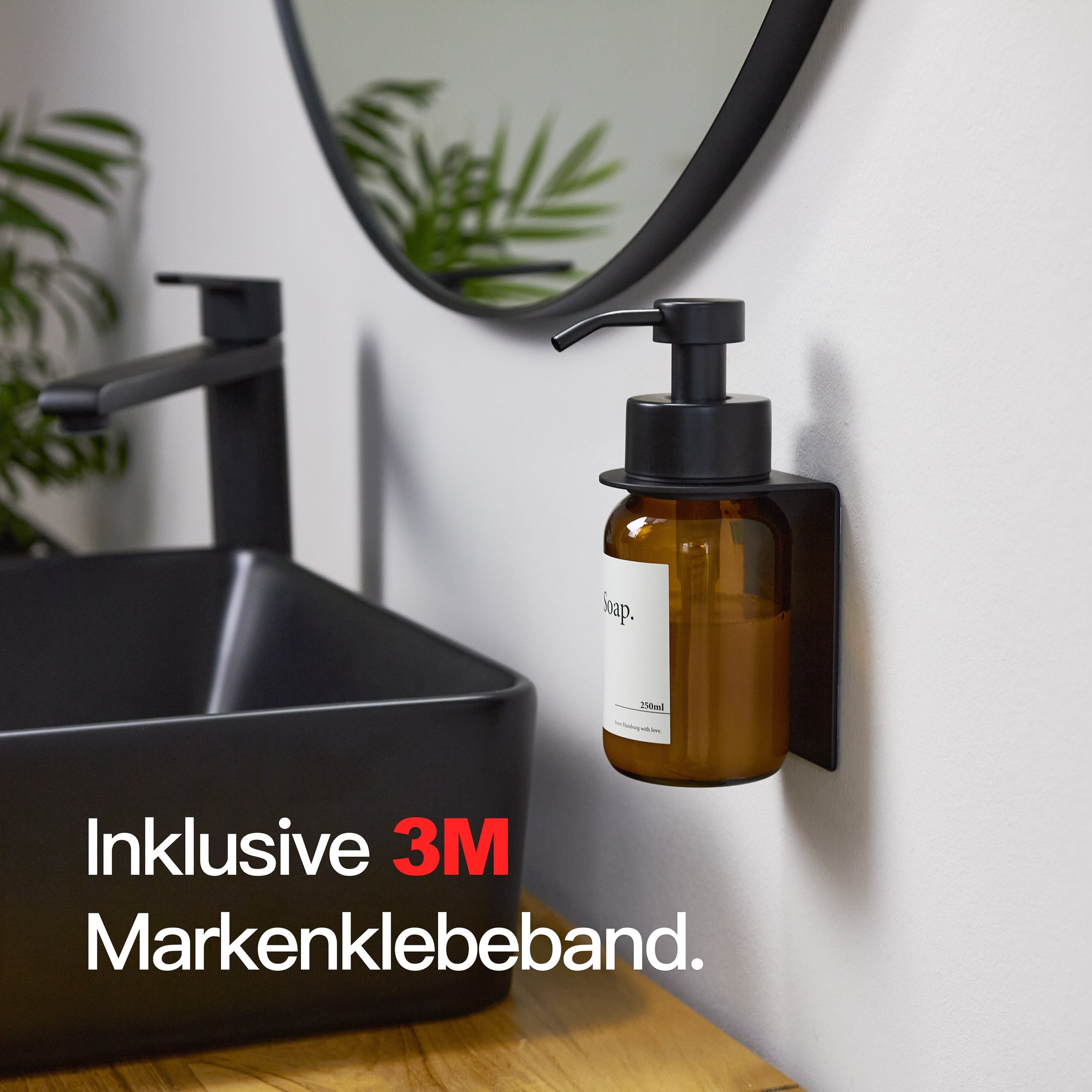Seifenspender Schwarz Braunglas selbstklebend mit Wandhalterung