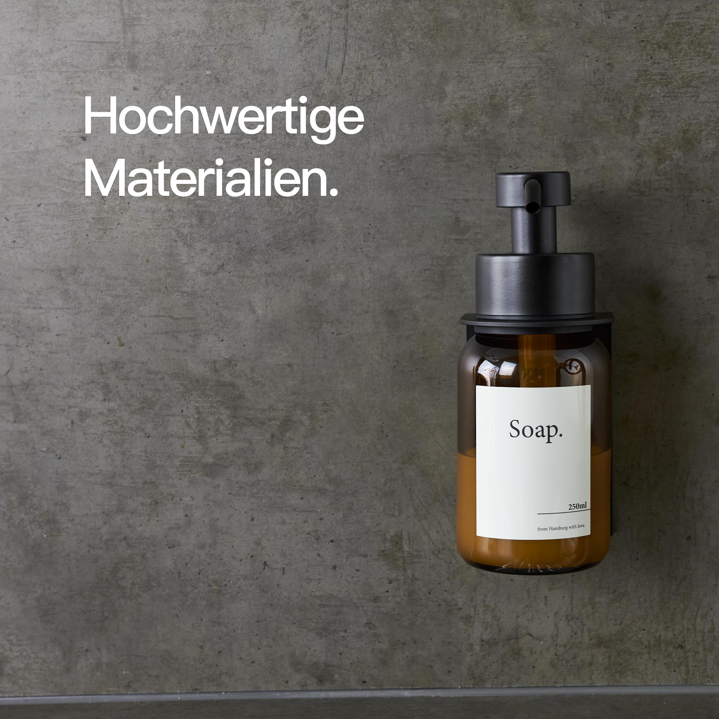 Designfabrik Hamburg Seifenspender Wandmontage ohne Bohren mit Wandhalterung selbstklebend aus Glas und Edelstahl Spülmittelspender