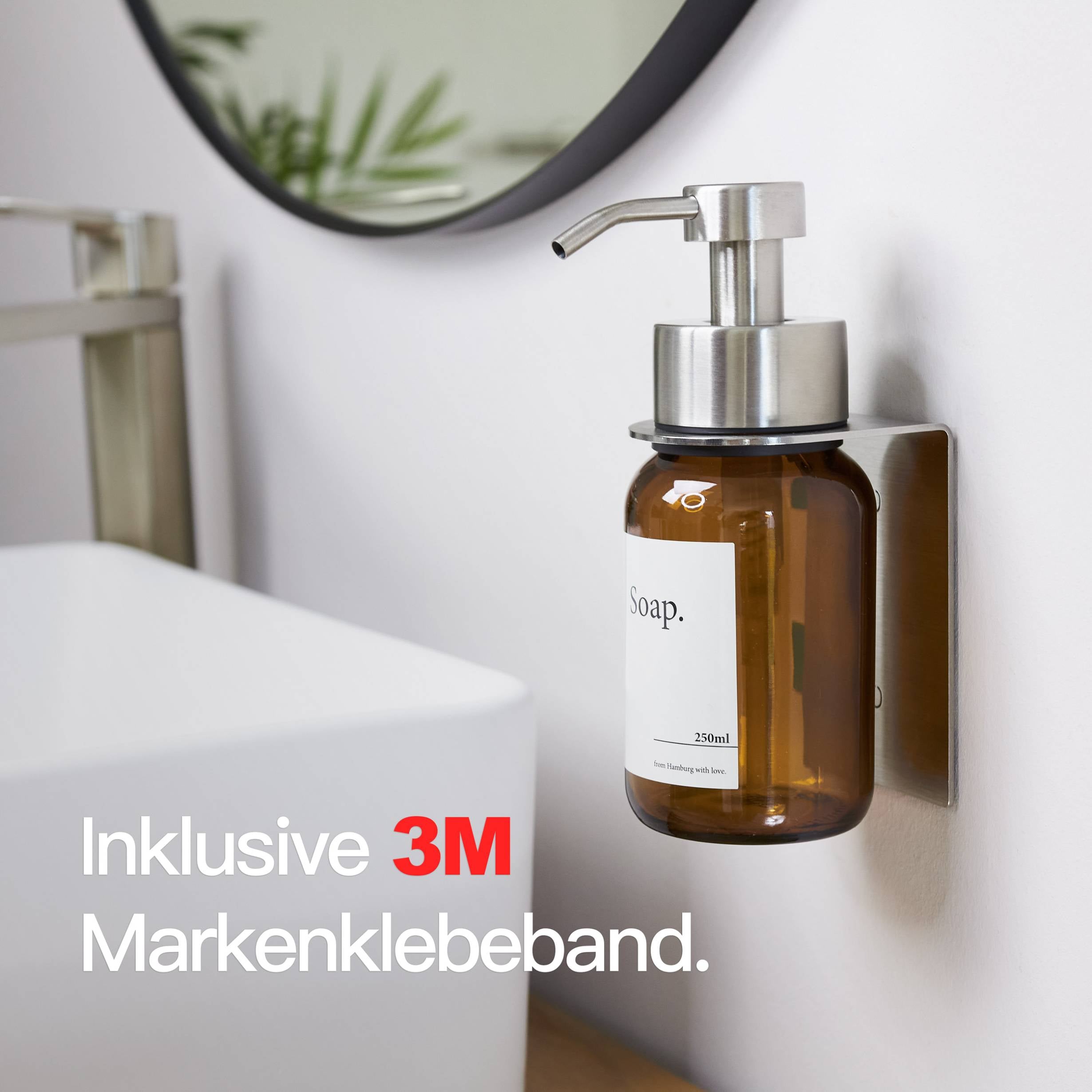 Designfabrik Hamburg Seifenspender ohne Bohrend aus Edelstahl und Glas mit Wandhalterung selbstklebend Silber Braunglas
