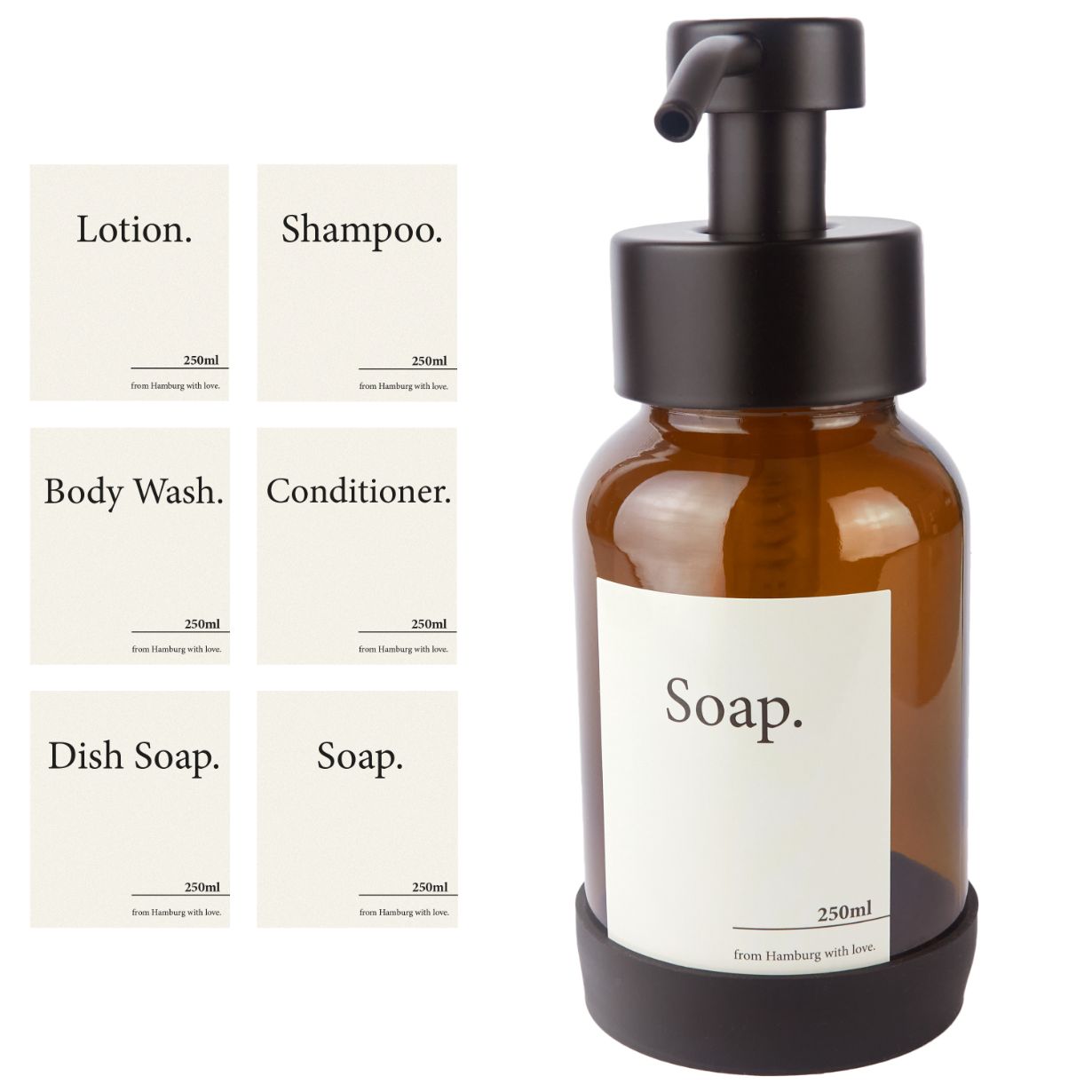 Seifenspender stehend aus Glas und Edelstahl mit 6 dekorativen Aufklebern von Designfabrik Hamburg schwarz Braunglas