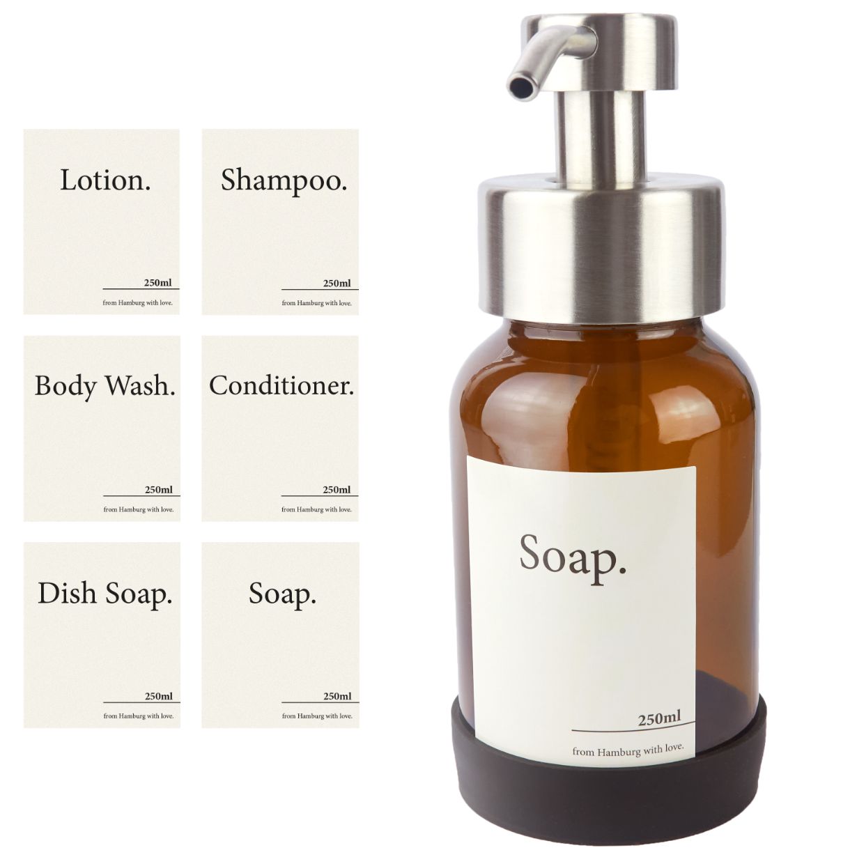 Soap dispenser stehend aus glass und stainless steel mit 6 dekorativen Aufklebern von Designfabrik Hamburg silber amber glass