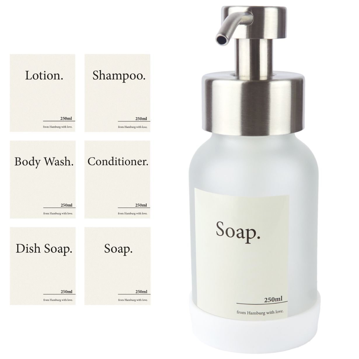 Soap dispenser stehend aus glass und stainless steel mit 6 dekorativen Aufklebern von Designfabrik Hamburg silber frost milchglas