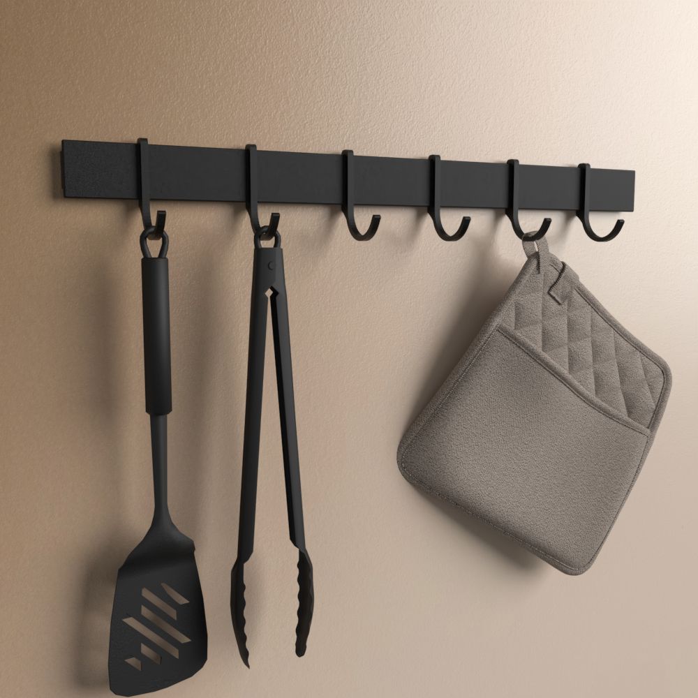 Anzeige_Render Designfabrik Hamburg hook rail für Küchenutensilien, Küchenreling selbstklebend No drilling black matt