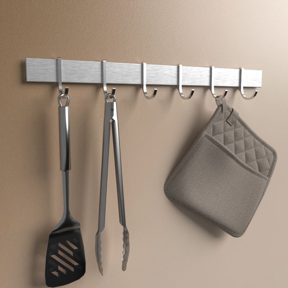Anzeige_Render Designfabrik Hamburg hook rail für Küchenutensilien, Küchenreling selbstklebend No drilling silbergrau gebürstet stainless steel Optik