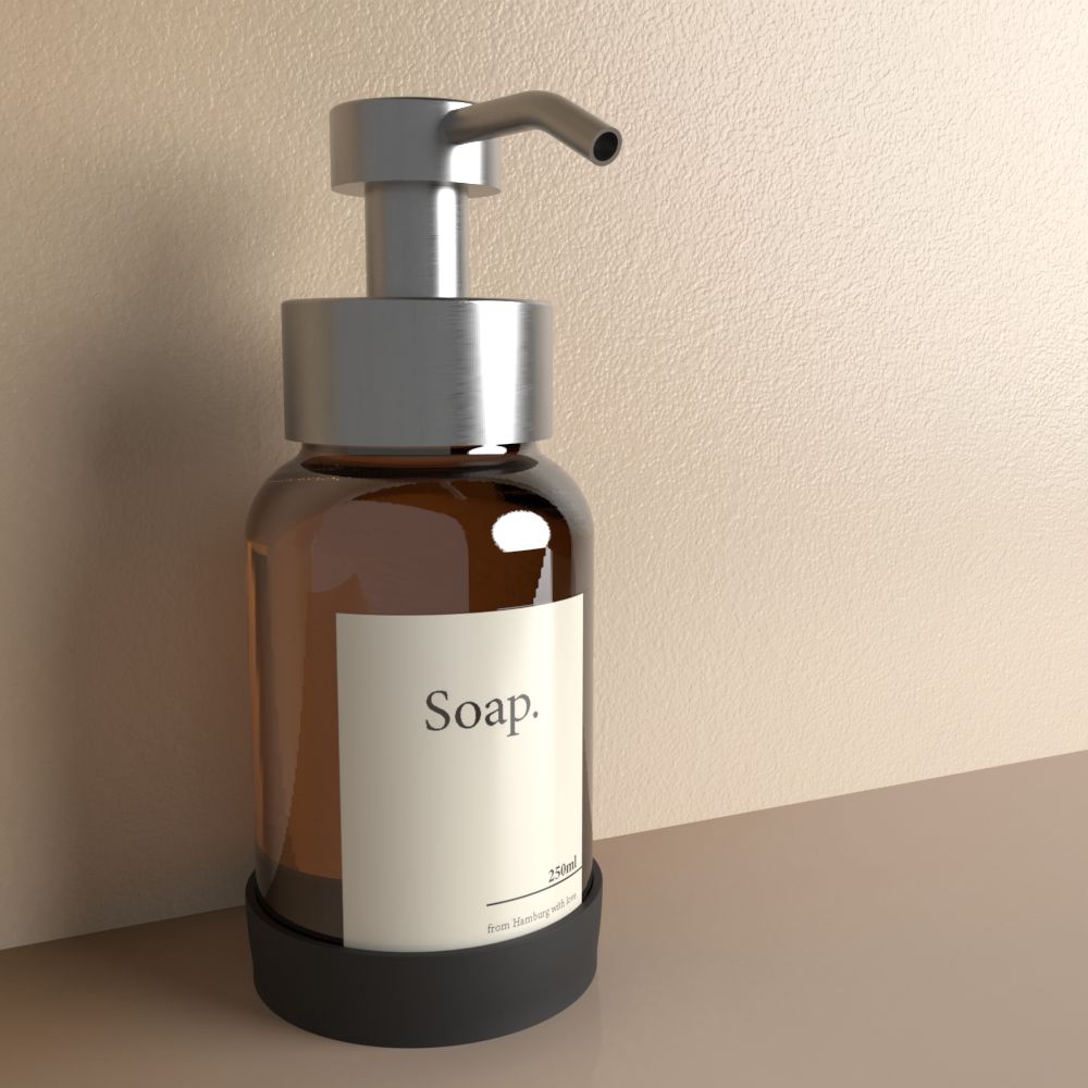 Anzeige_Render Designfabrik Hamburg soap dispenser aus glass und stainless steel stehend silber amber glass