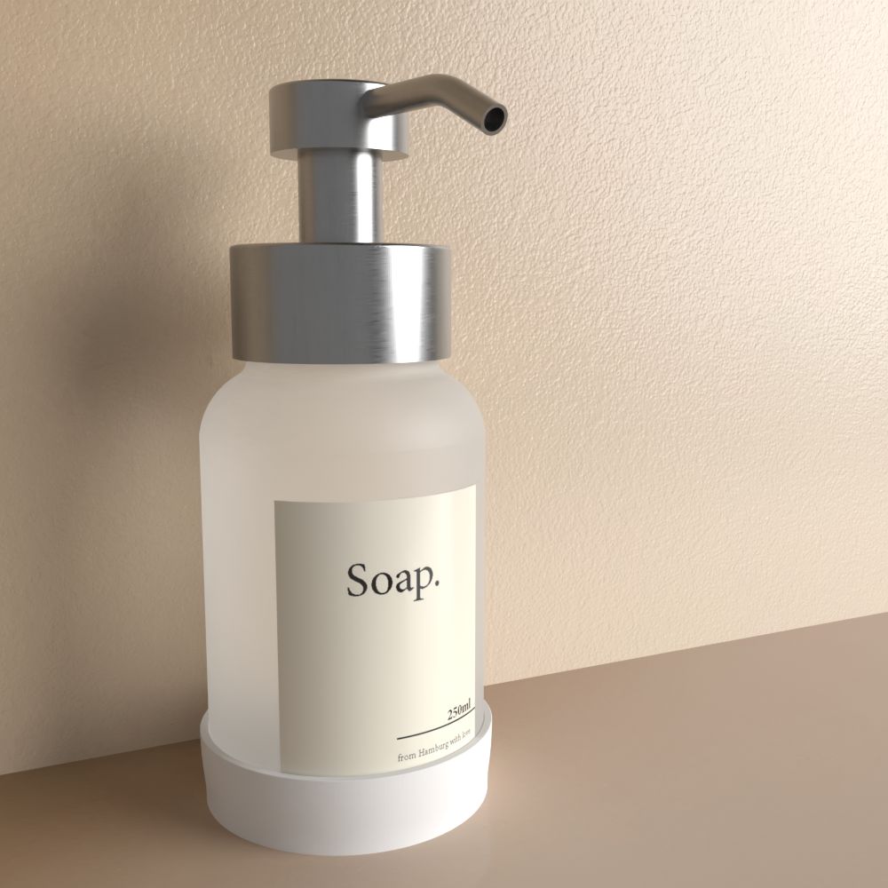 Anzeige_Render Designfabrik Hamburg soap dispenser aus glass und stainless steel stehend silber Frostglas Milchglas