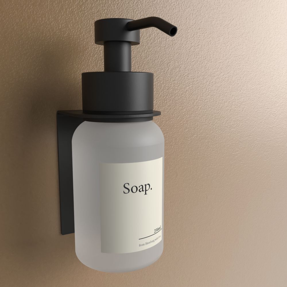 Anzeige_Render Designfabrik Hamburg soap dispenser No drilling mit wall mount zur Wandmontage black Frostglas