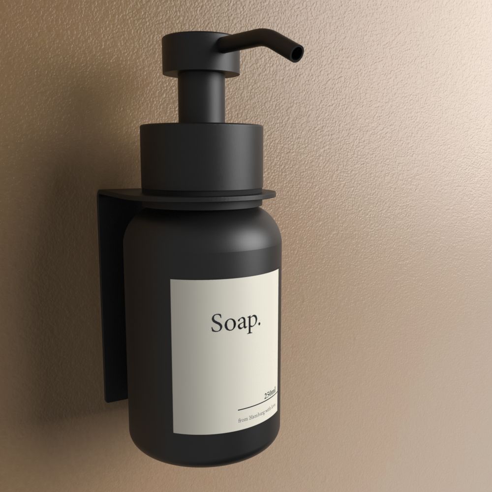 Anzeige_Render Designfabrik Hamburg soap dispenser No drilling mit wall mount zur Wandmontage black schwarzes glass