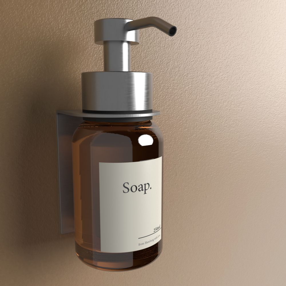 Anzeige_Render Designfabrik Hamburg soap dispenser No drilling mit wall mount zur Wandmontage silber amber glass