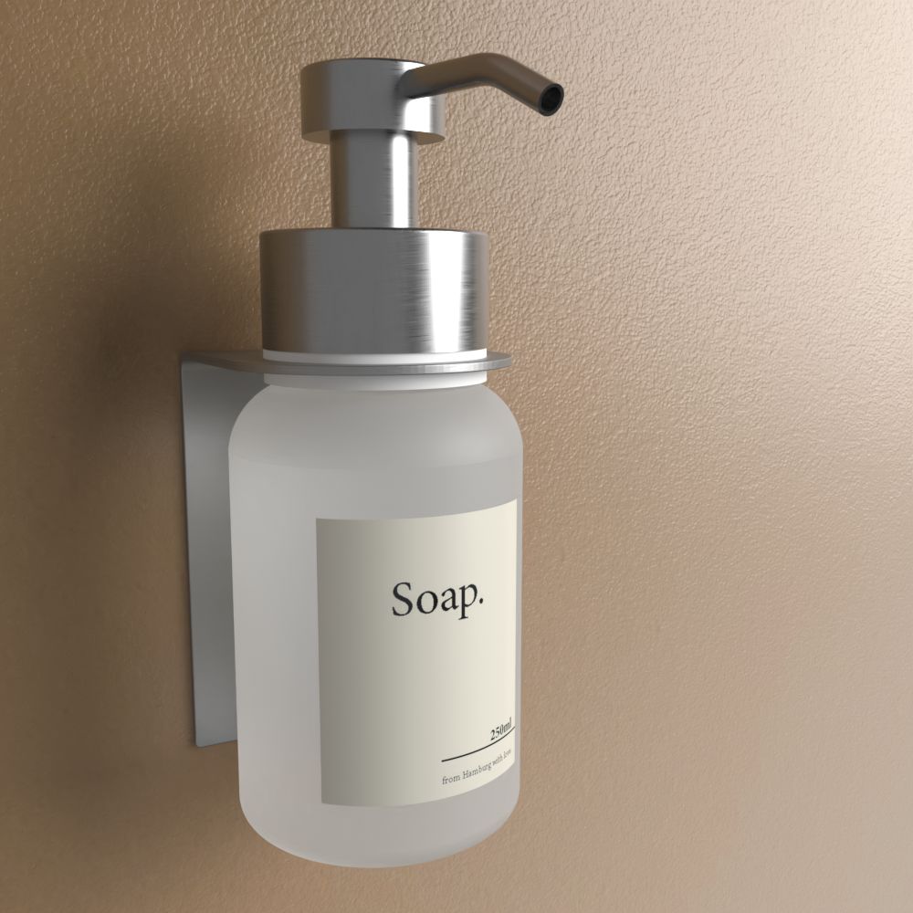 Anzeige_Render Designfabrik Hamburg soap dispenser No drilling mit wall mount zur Wandmontage silber Frostglas Milchglas