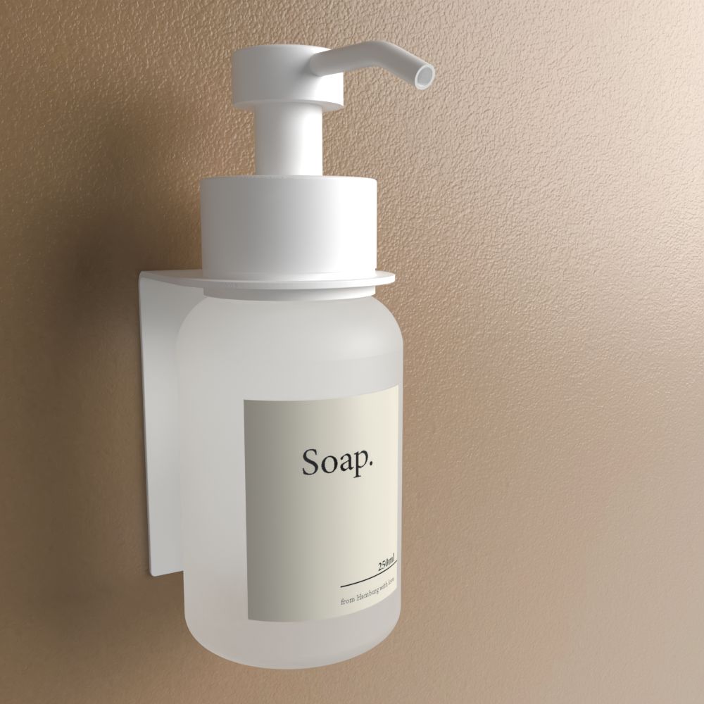 Anzeige_Render Designfabrik Hamburg soap dispenser No drilling mit wall mount zur Wandmontage weiß Frostglas Milchglas