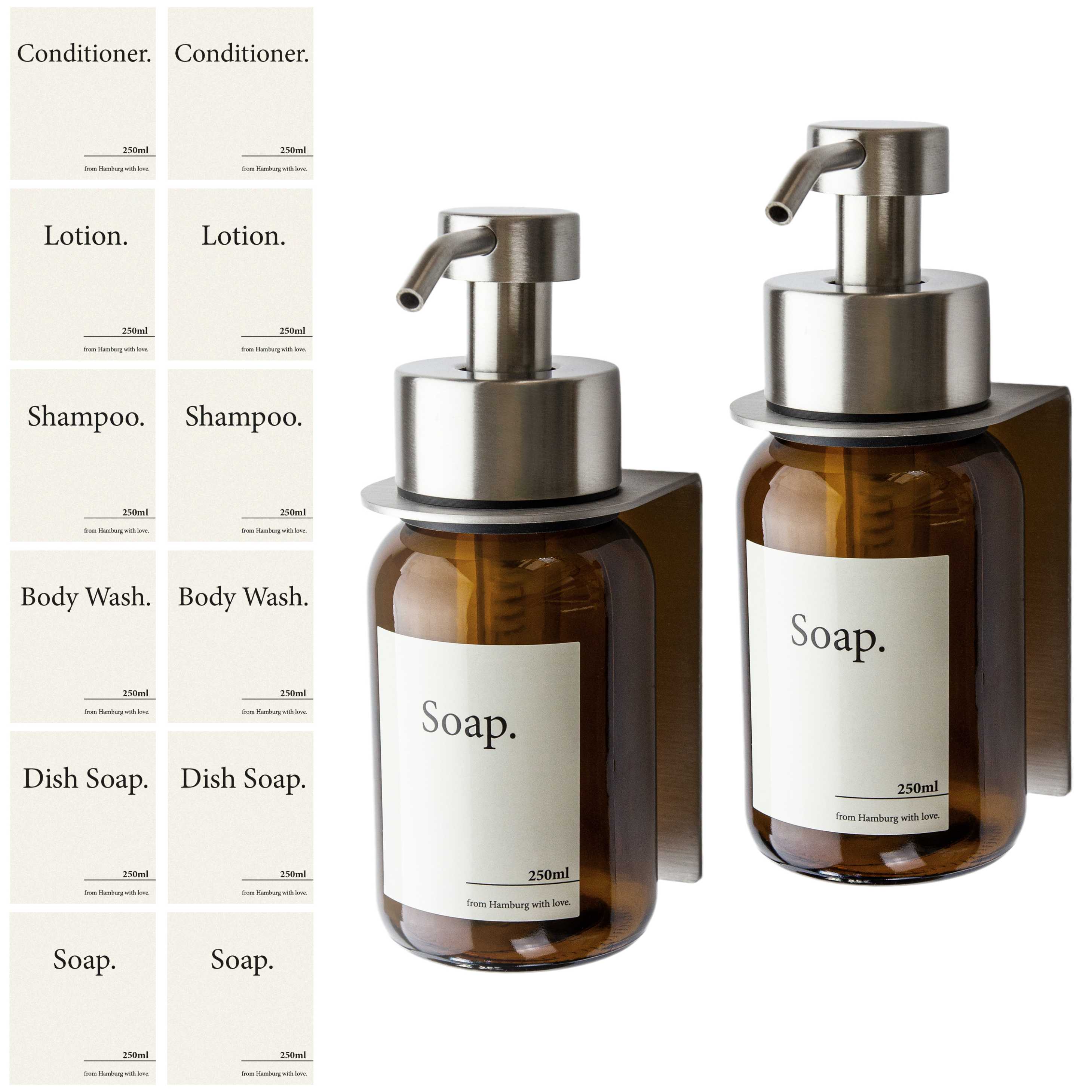 Designfabrik Hamburg Seifenspender ohne Bohrend aus Edelstahl und Glas mit Wandhalterung selbstklebend Silber Braunglas Doppelpack