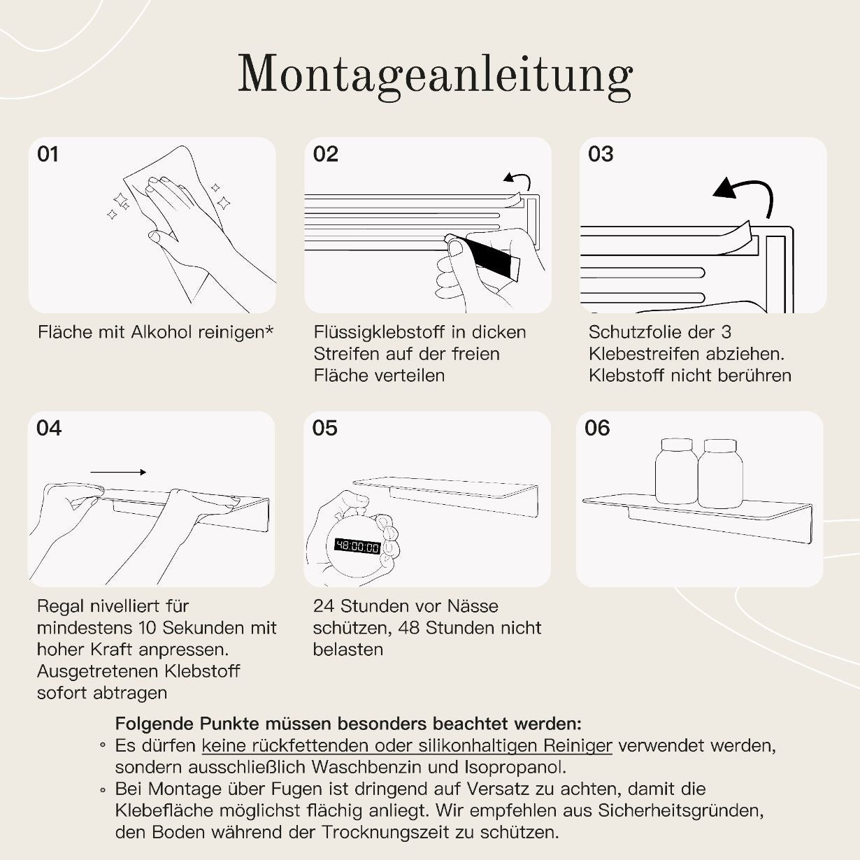 Designfabrik Hamburg Wandregal ohne Bohren zum Kleben. Badablage kleben Montageanleitung