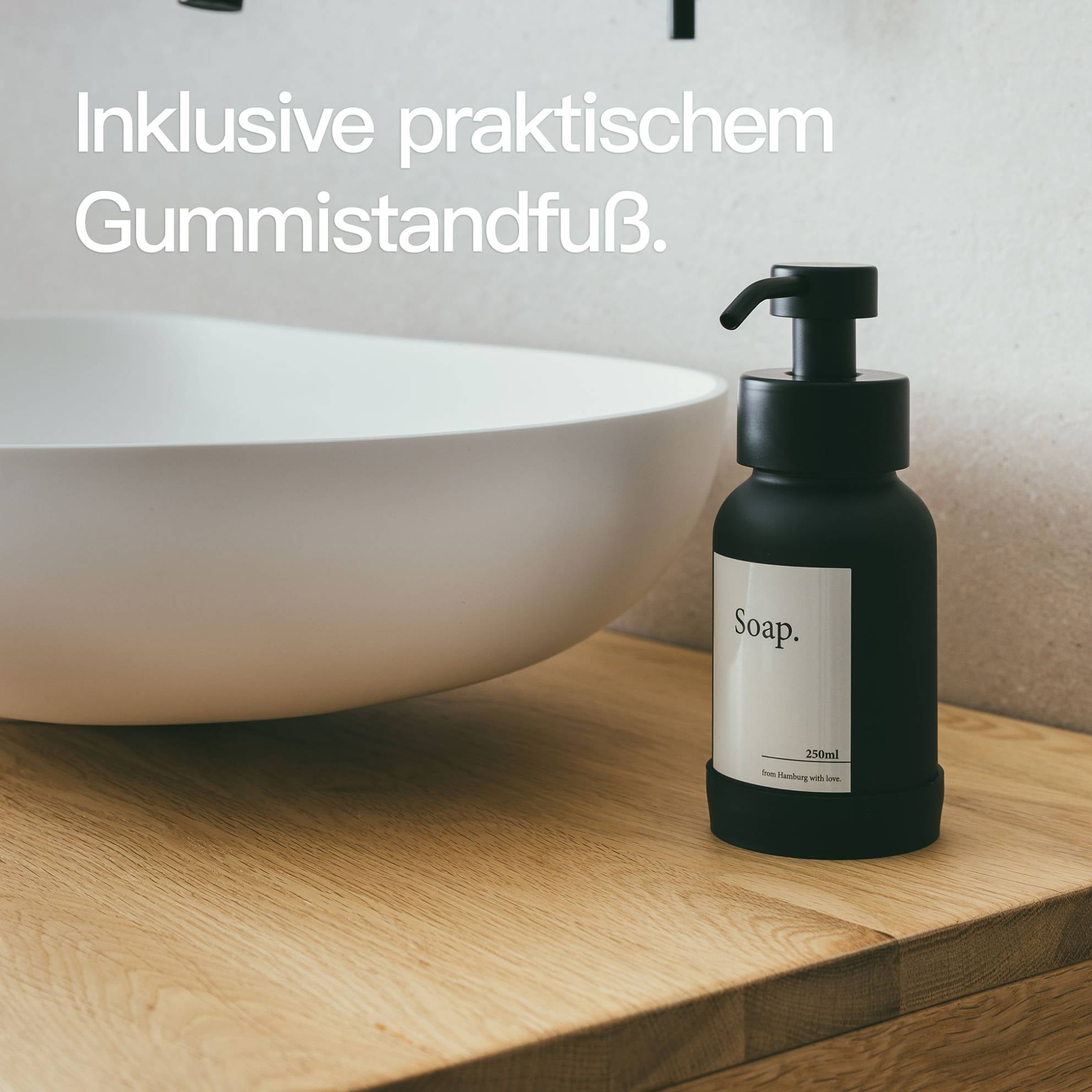 Designfabrik Hamburg Glas Seifenspender mit Gummistandfuß und Edelstahlpumpe schwarz schwarzes Glas