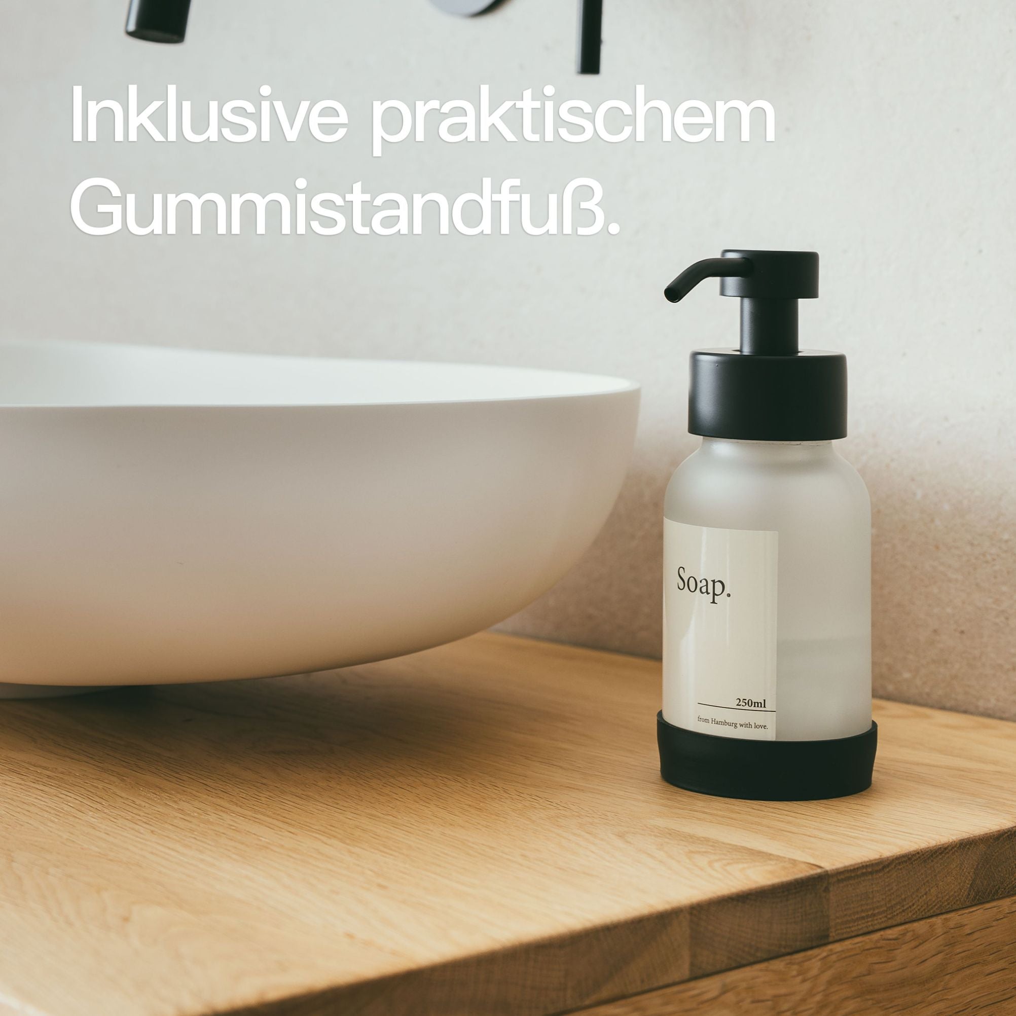 Designfabrik Hamburg Glas Seifenspender mit Gummistandfuß und Edelstahlpumpe schwarz frost