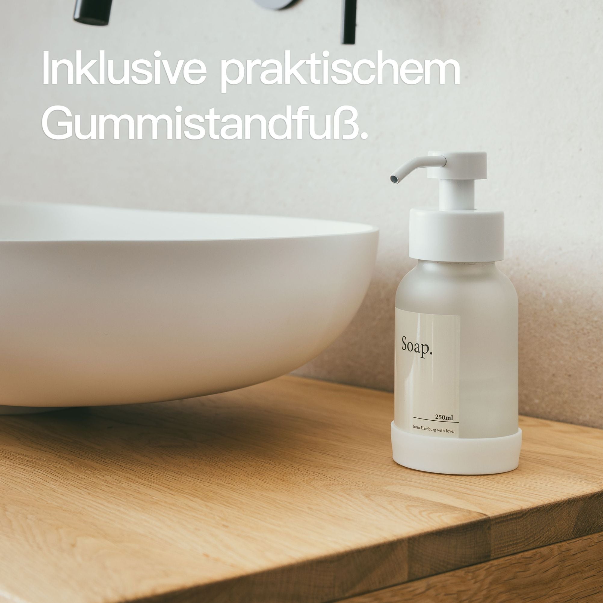 Designfabrik Hamburg Glas Seifenspender mit Gummistandfuß und Edelstahlpumpe weiß frost