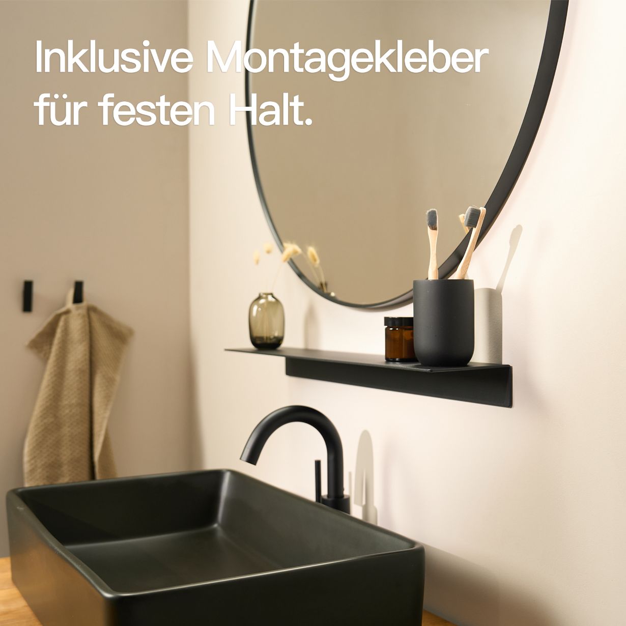 Designfabrik Hamburg Wandregal ohne Bohren zum Kleben. Badablage kleben schwarz