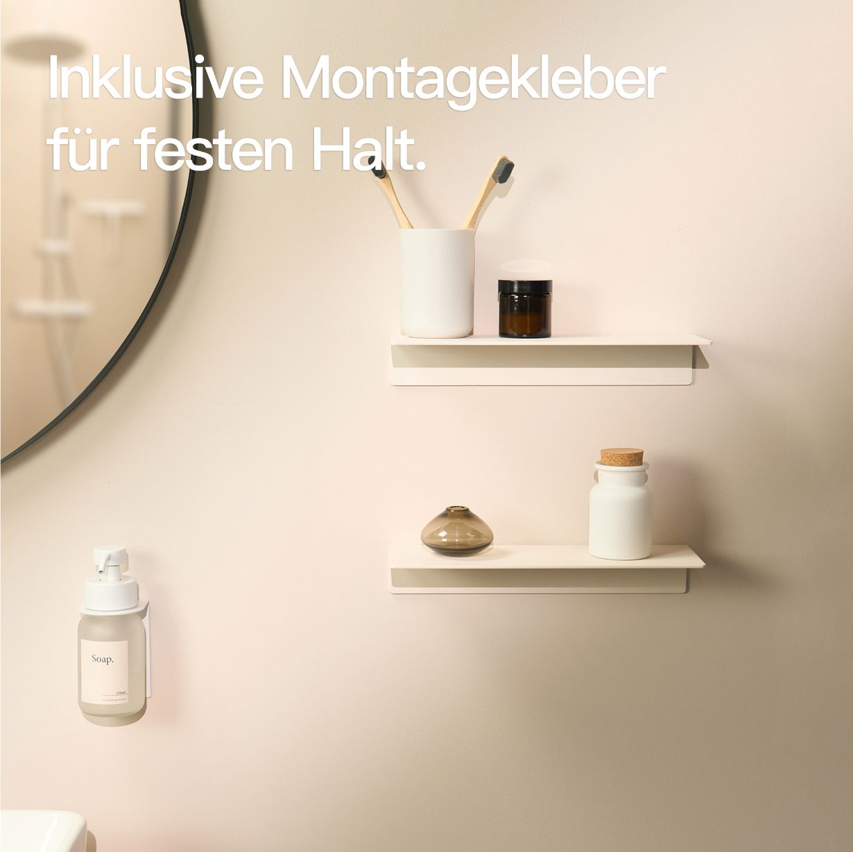 Designfabrik Hamburg Wandregal ohne Bohren zum Kleben. Badablage kleben weiß