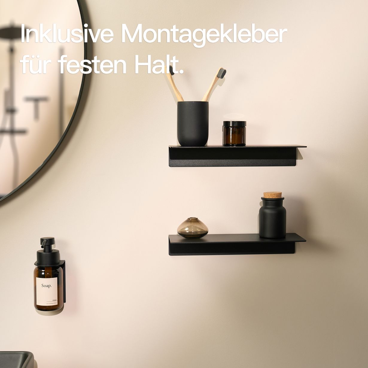 Designfabrik Hamburg Wandregal ohne Bohren zum Kleben. Badablage kleben schwarz