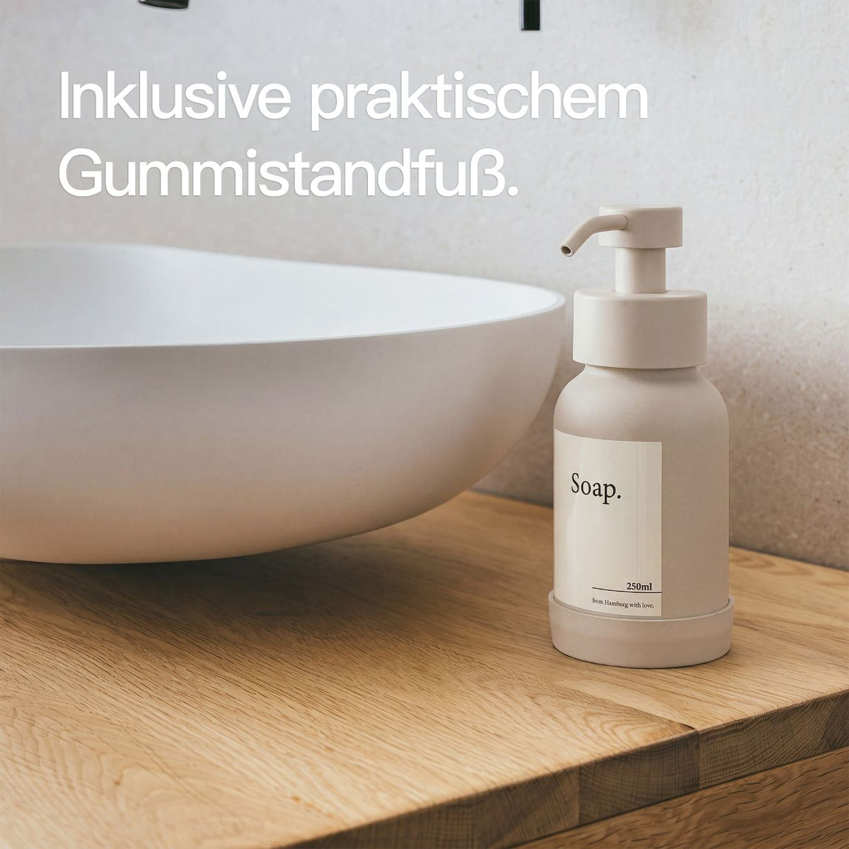 Designfabrik Hamburg Seifenspender aus Edelstahl und Glas mit Gummistandfuß beige 
