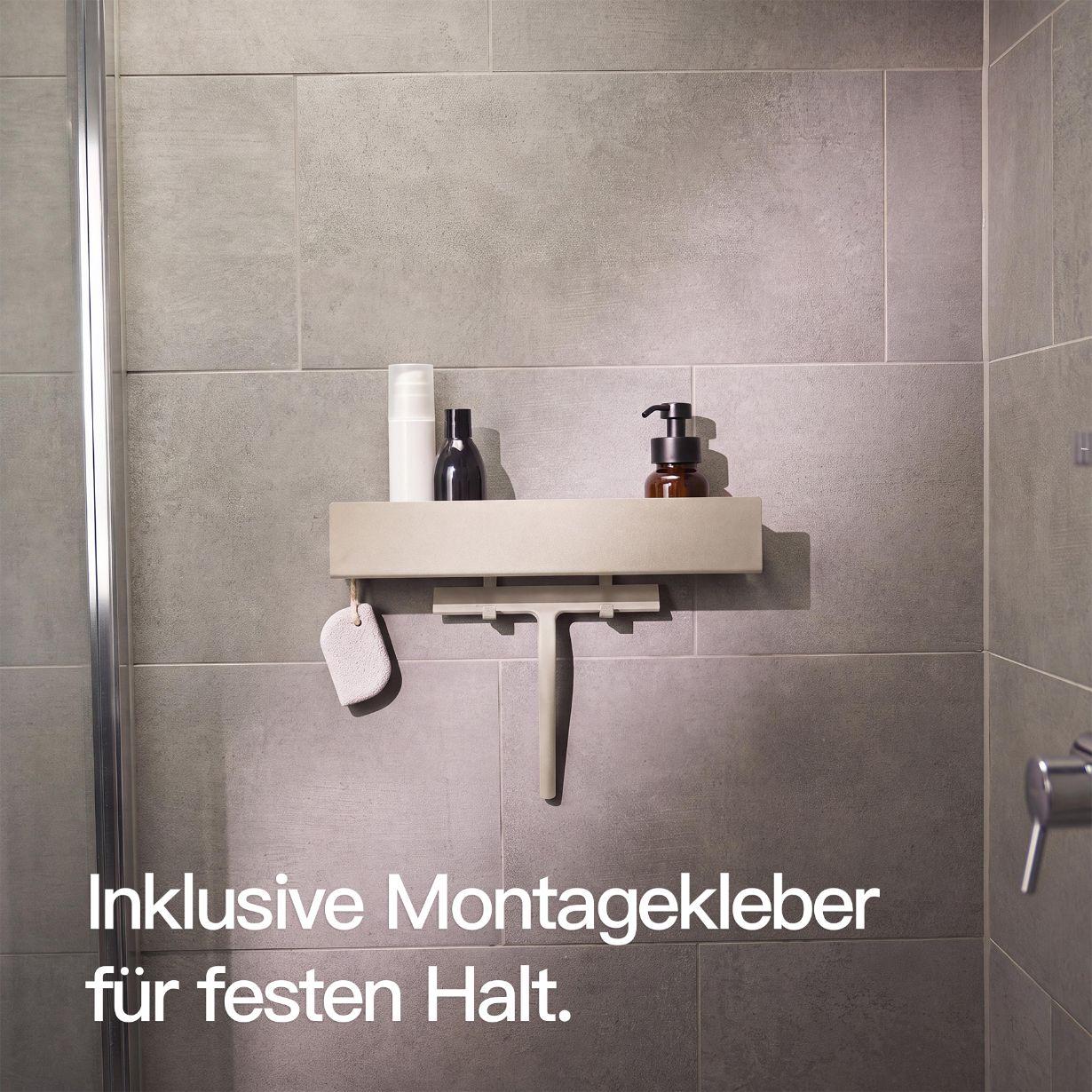 Designfabrik Hamburg Duschablage ohne Bohren zum Ankleben, rostfrei mit verschiebbaren Haken Beige