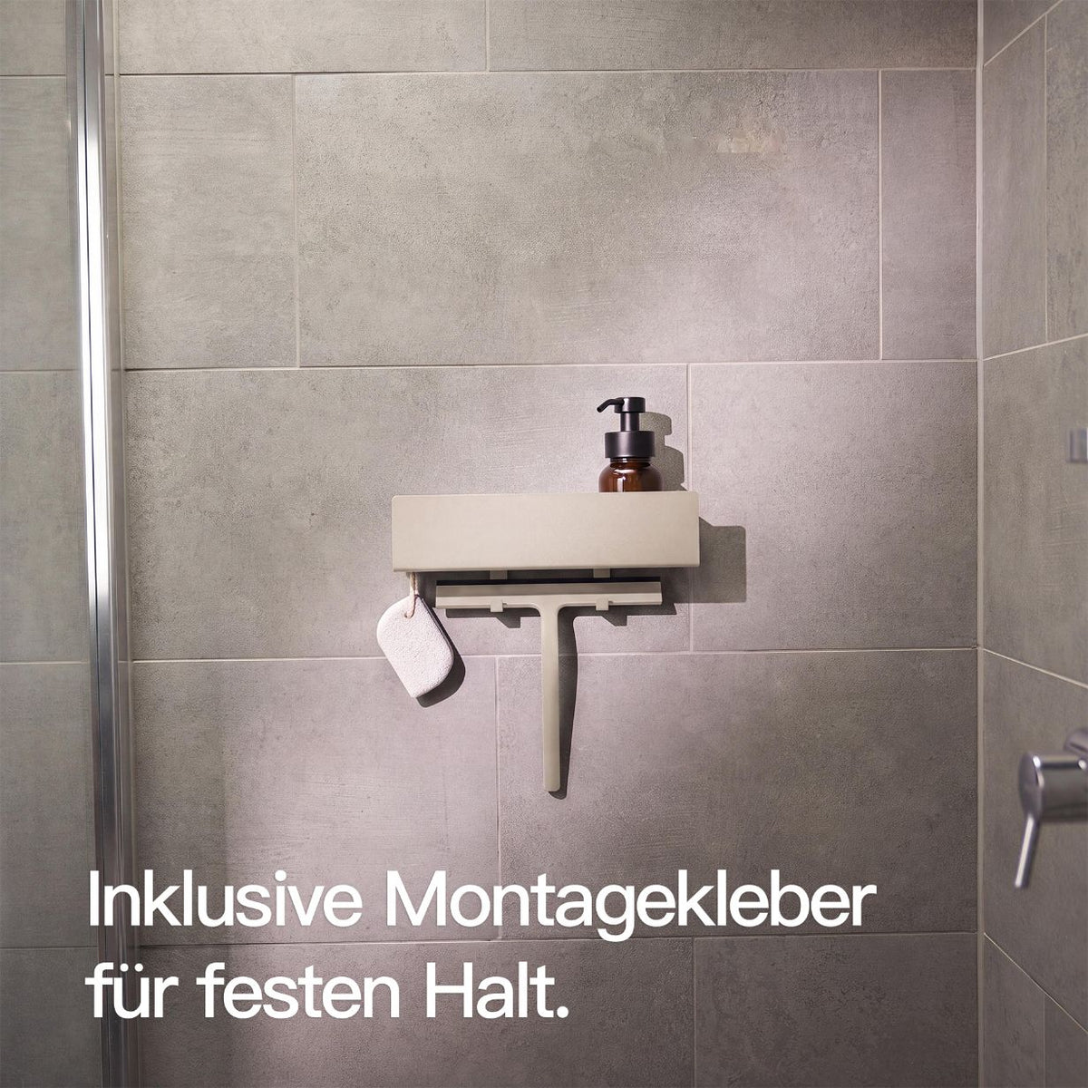 Designfabrik Hamburg beige shower shelf without drilling for adhesive mounting, rustproof with adjustable hooks