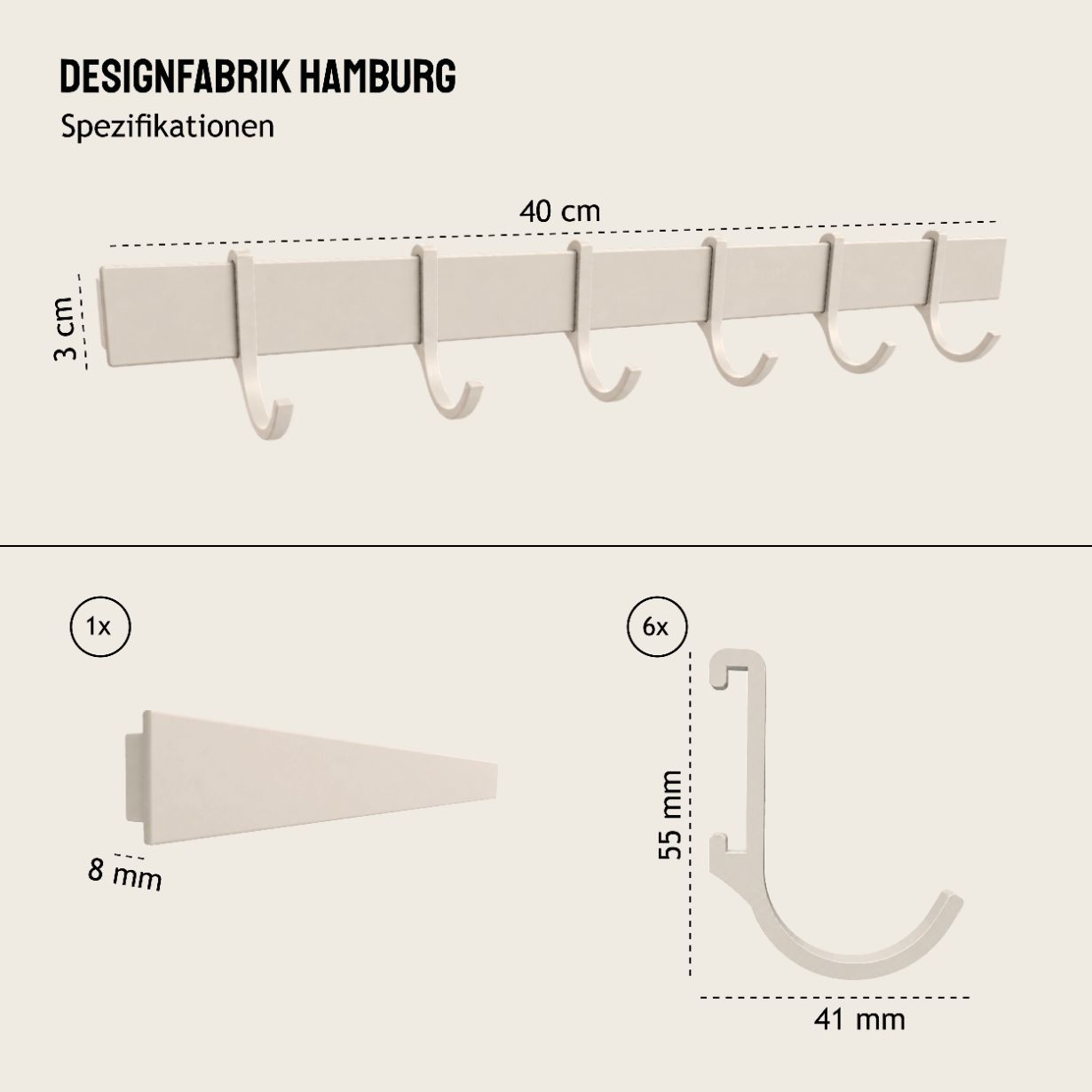 Designfabrik Hamburg Hakenleiste ohne Bohren für die Küche zum Aufhängen von Küchenutensilien Beige