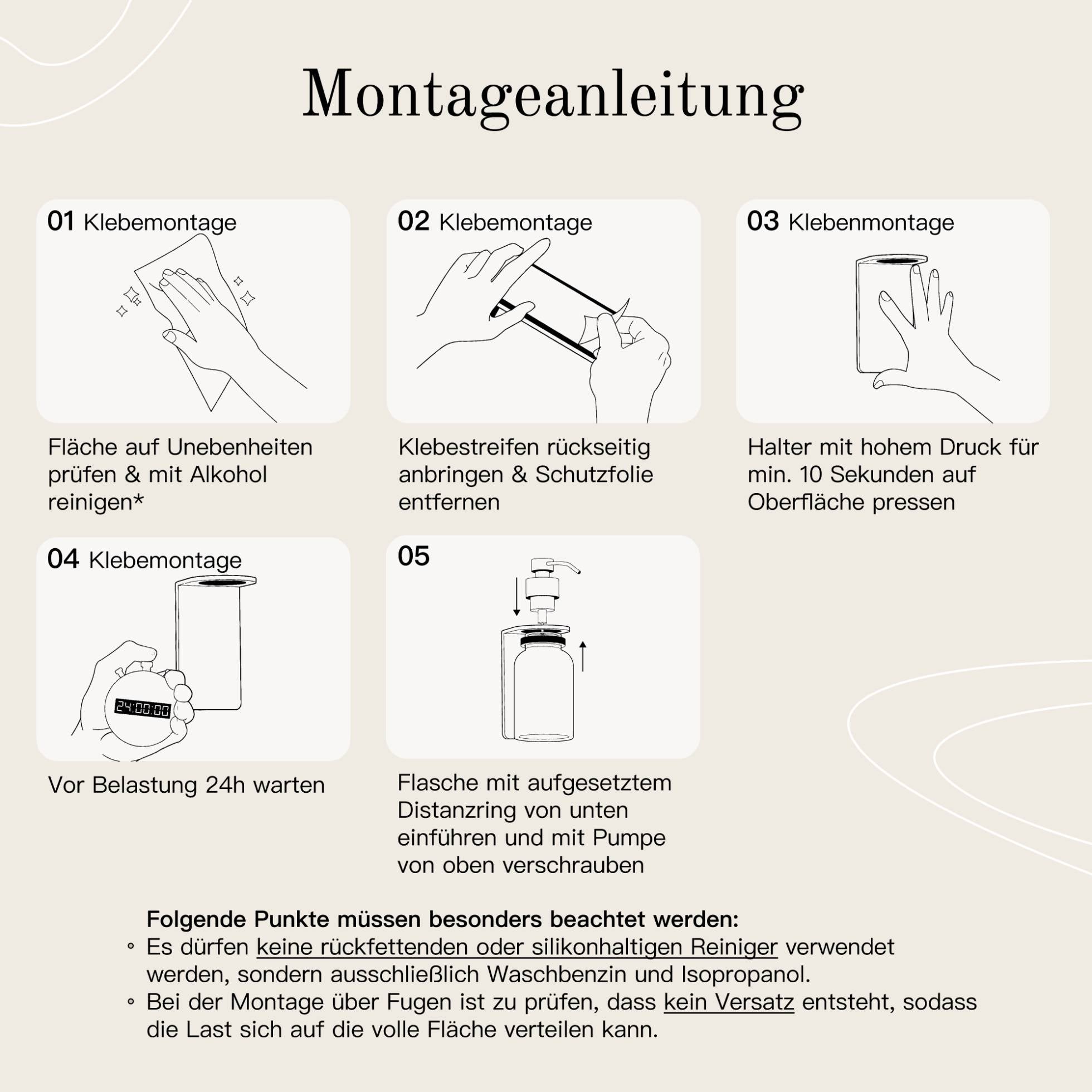 Montageanleitung Designfabrik Hamburg Seifenspender ohne Bohren mit Wandhalterung selbstklebend