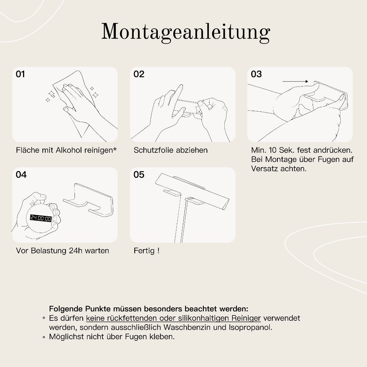 Designfabrik Hamburg Montageanleitung Duschabzieher aus Silikon mit selbstklebender Wandhalterung und Hängehalterung weiß matt