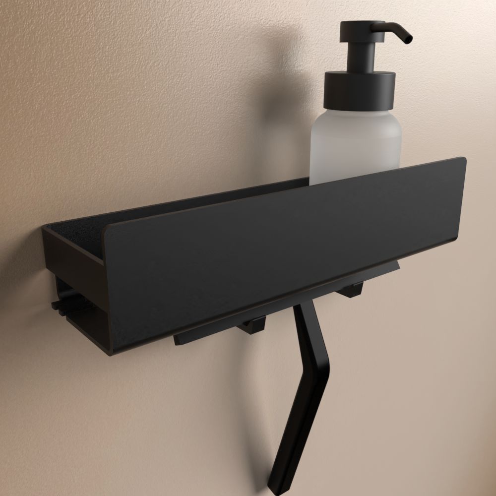 Anzeige_Render Designfabrik Hamburg Duschablage ohne Bohren Badregal Wandmontage selbstklebend schwarz 30cm